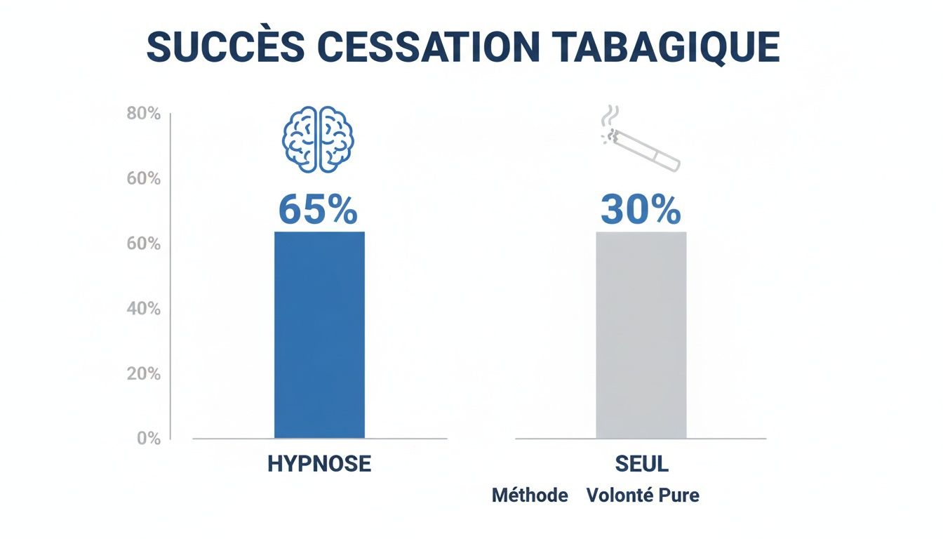 Graphique comparant le succès de l'arrêt du tabac : 65% avec l'hypnose contre 30% avec la volonté pure.