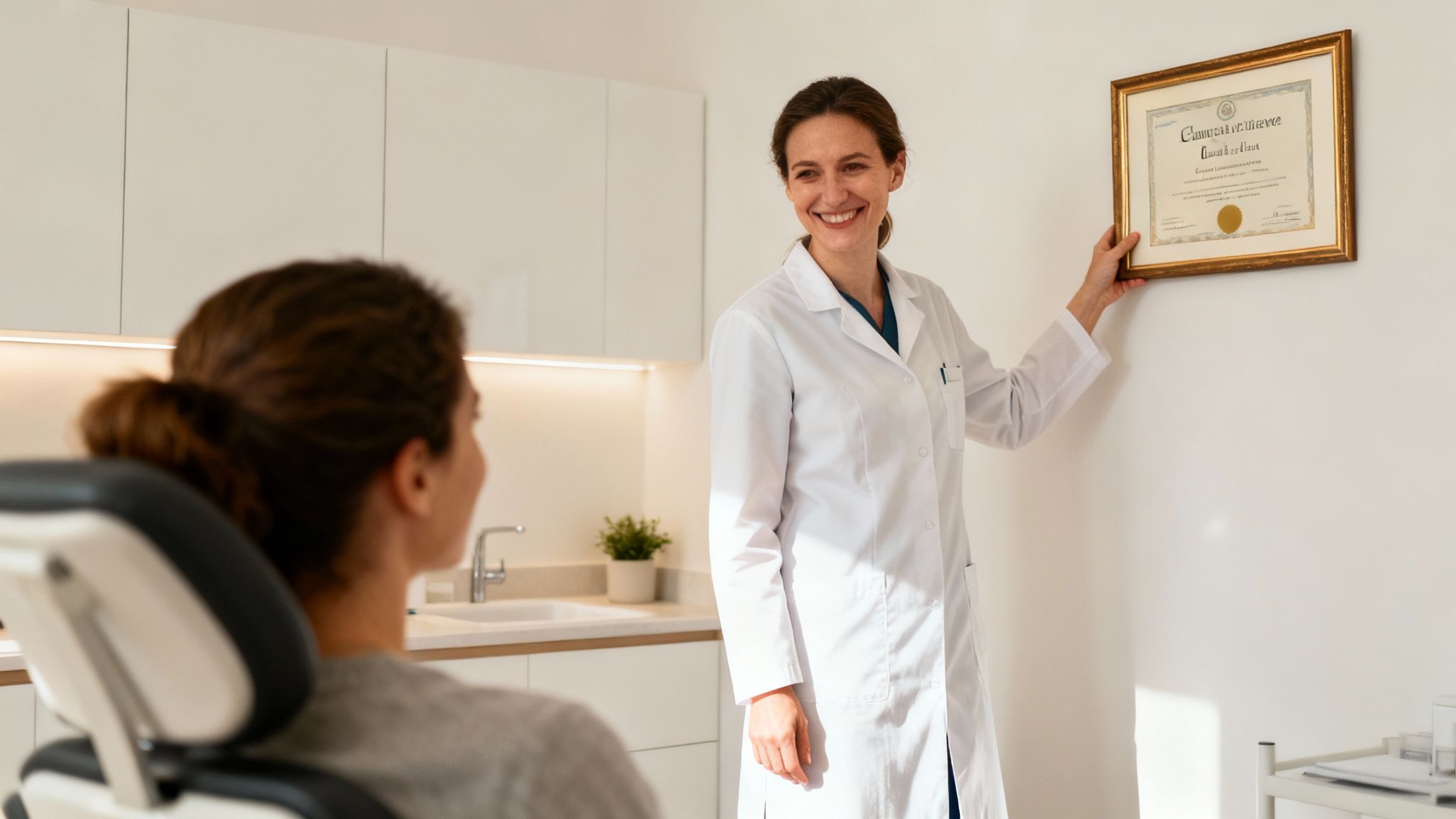 Médecin souriante en blouse blanche montrant un diplôme à une patiente dans un cabinet moderne.