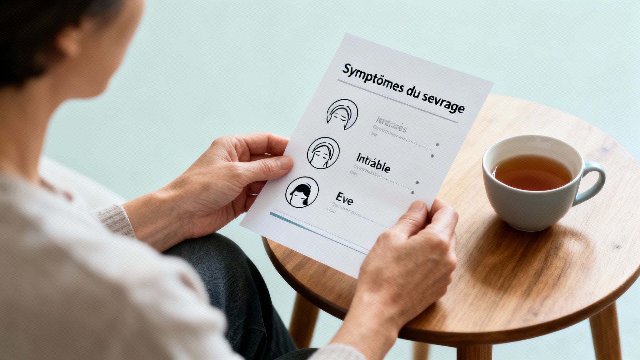 Une femme tient une feuille de papier listant les symptômes de sevrage, à côté d'une tasse de thé.