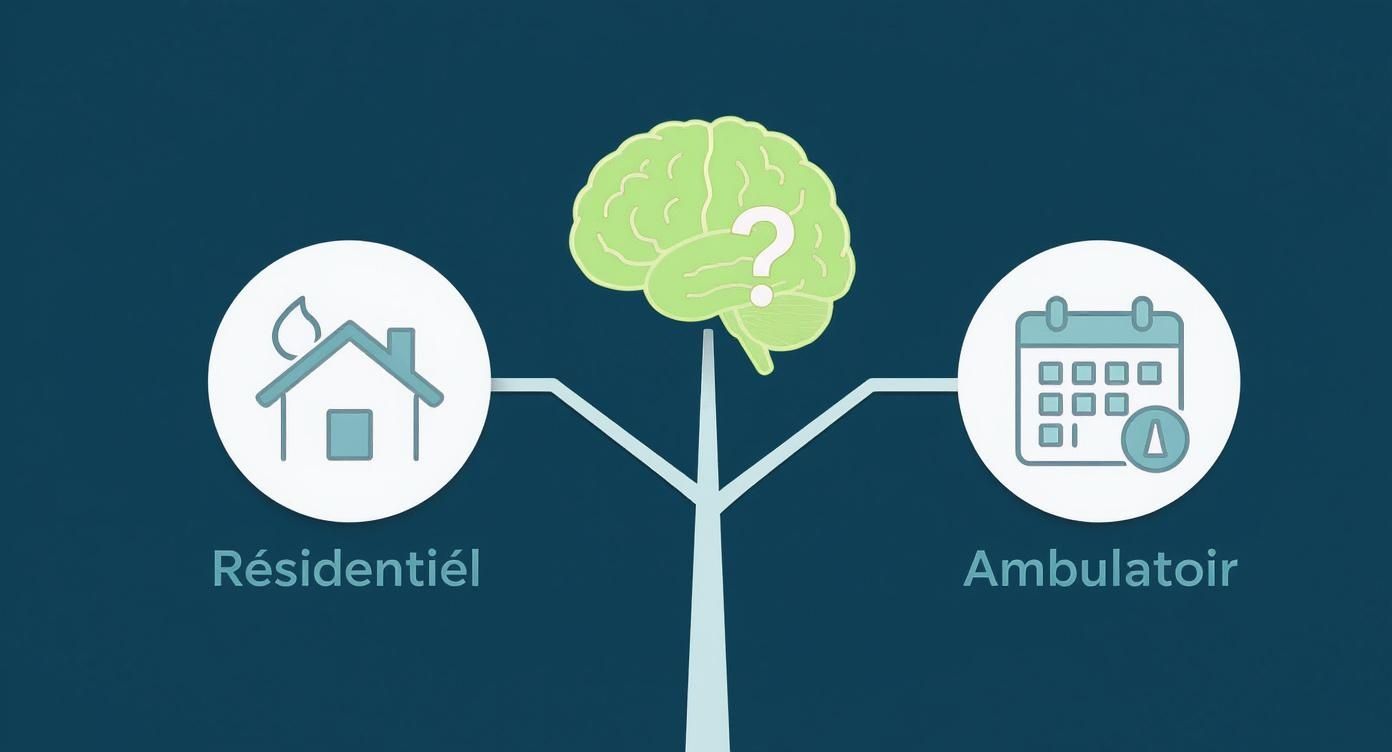 Schéma montrant un cerveau avec point d'interrogation, offrant deux options de traitement : résidentiel (maison) ou ambulatoire (calendrier).
