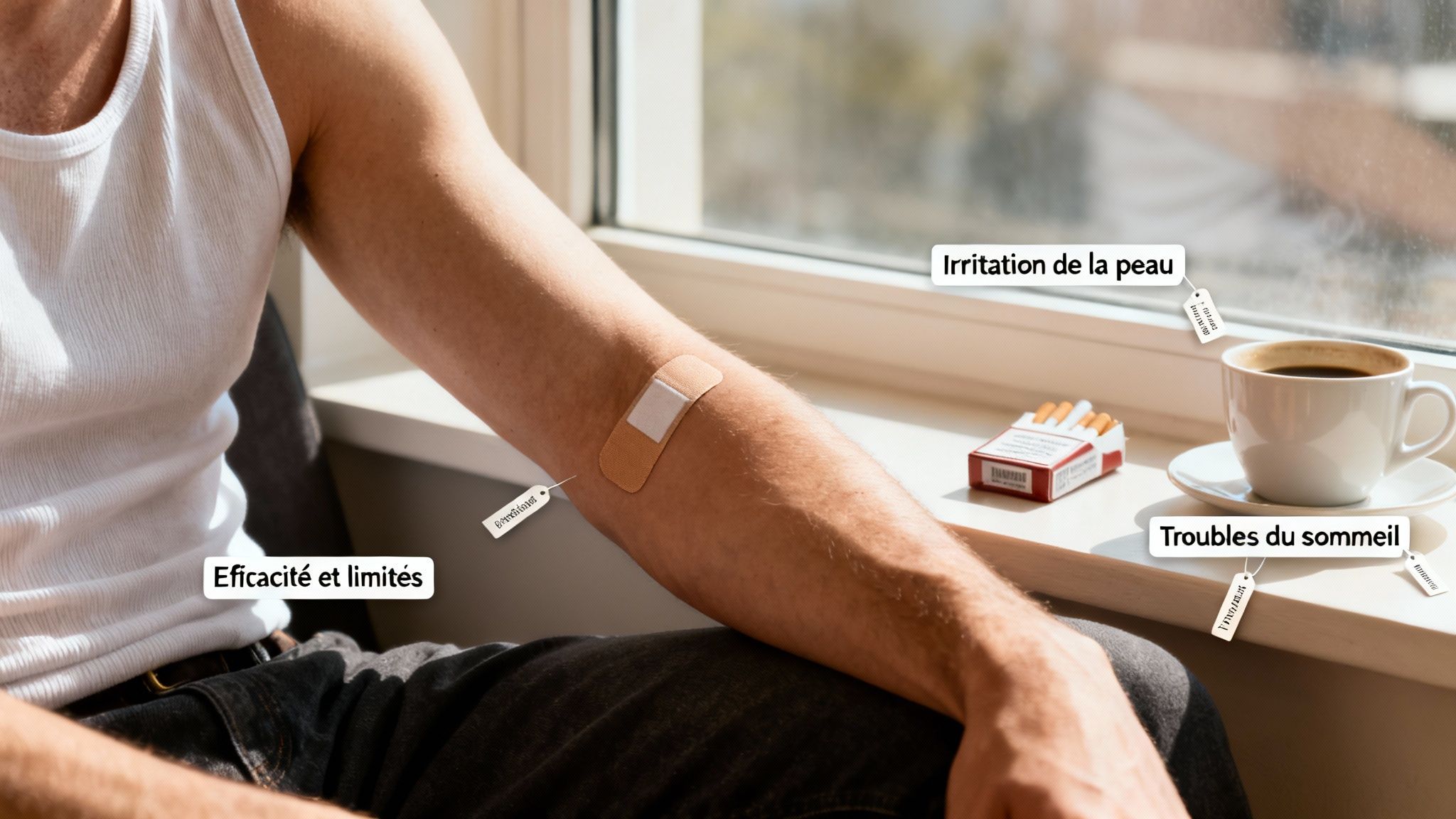 Un homme porte un patch anti-tabac sur le bras. Des paquets de cigarettes et une tasse de café sont posés sur le rebord d'une fenêtre à côté. Des étiquettes décrivent des effets et limites.
