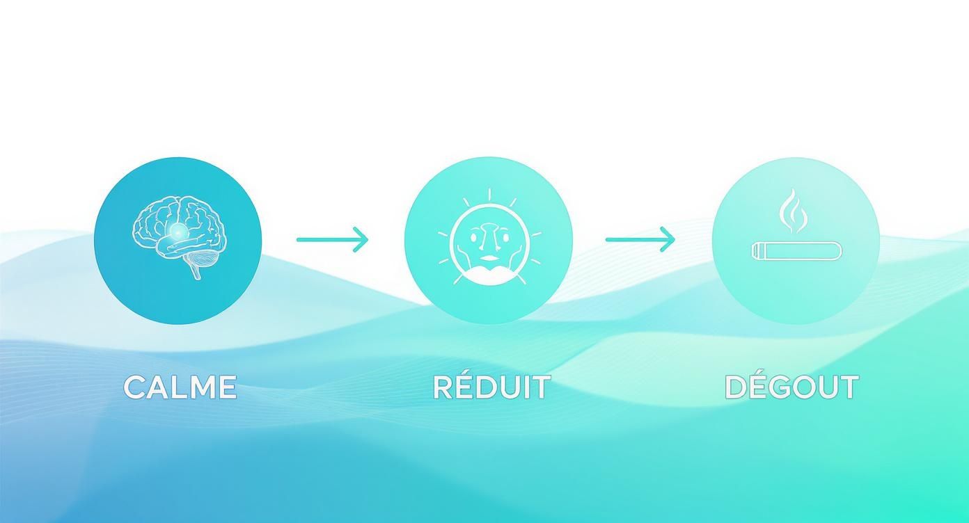 Illustration du processus pour arrêter de fumer, allant du calme à la réduction de l'envie et au dégoût.