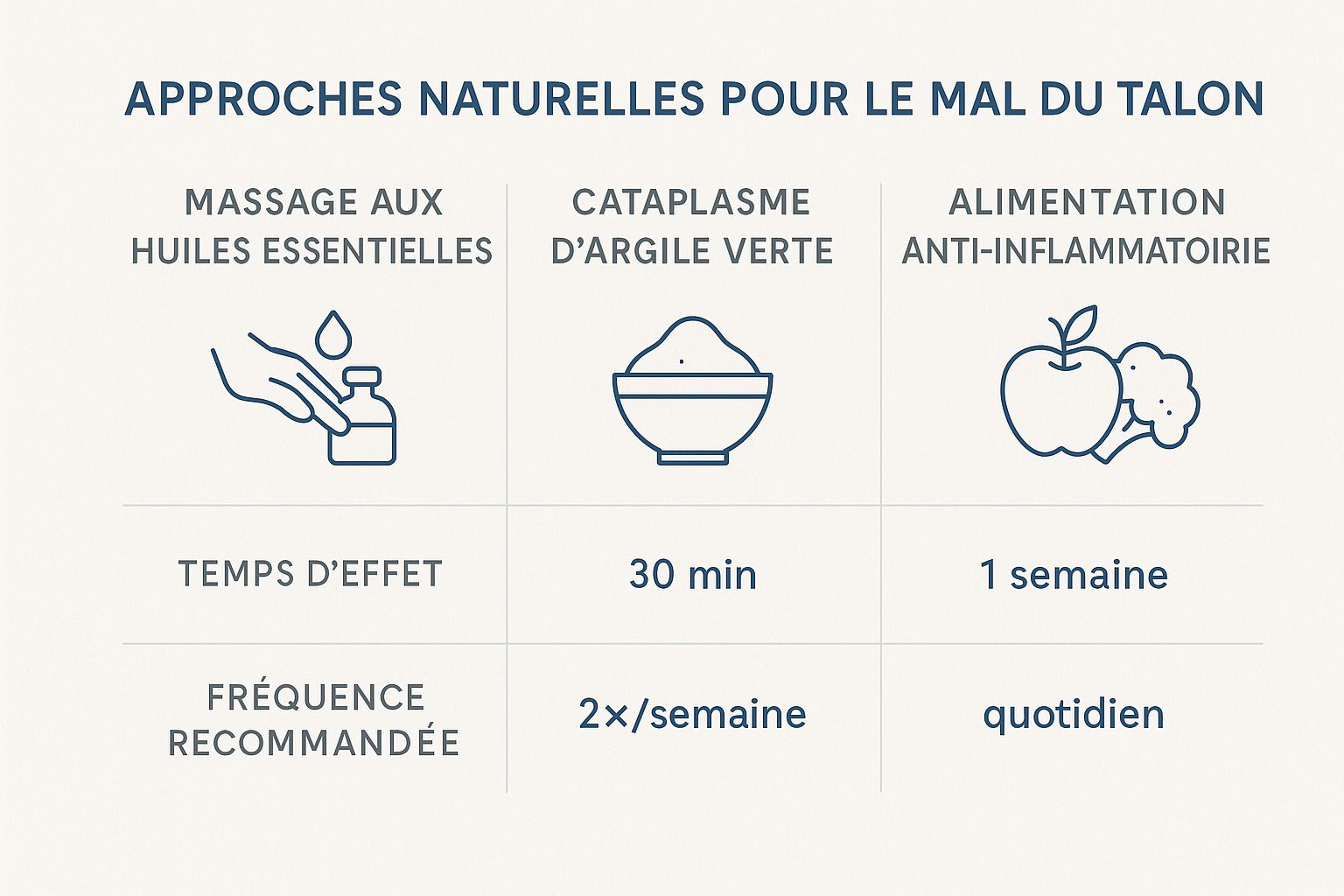 Infographie comparant trois approches naturelles pour le mal du talon basées sur le temps d'effet et la fréquence recommandée.