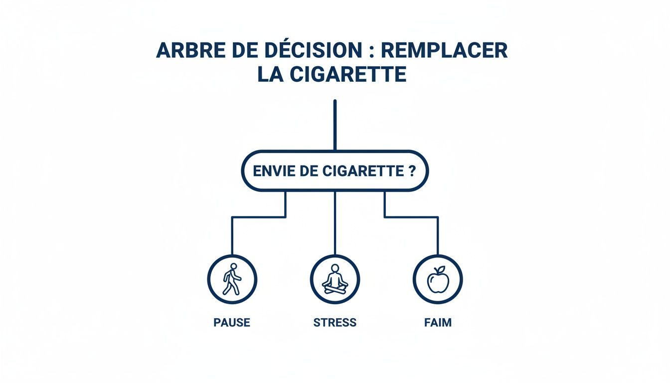 Vaincre l'envie irrépressible de fumer pour de bon 5 Diagramme d'aide à la décision pour gérer l'envie de fumer, suggérant des alternatives pour pause, stress ou faim.