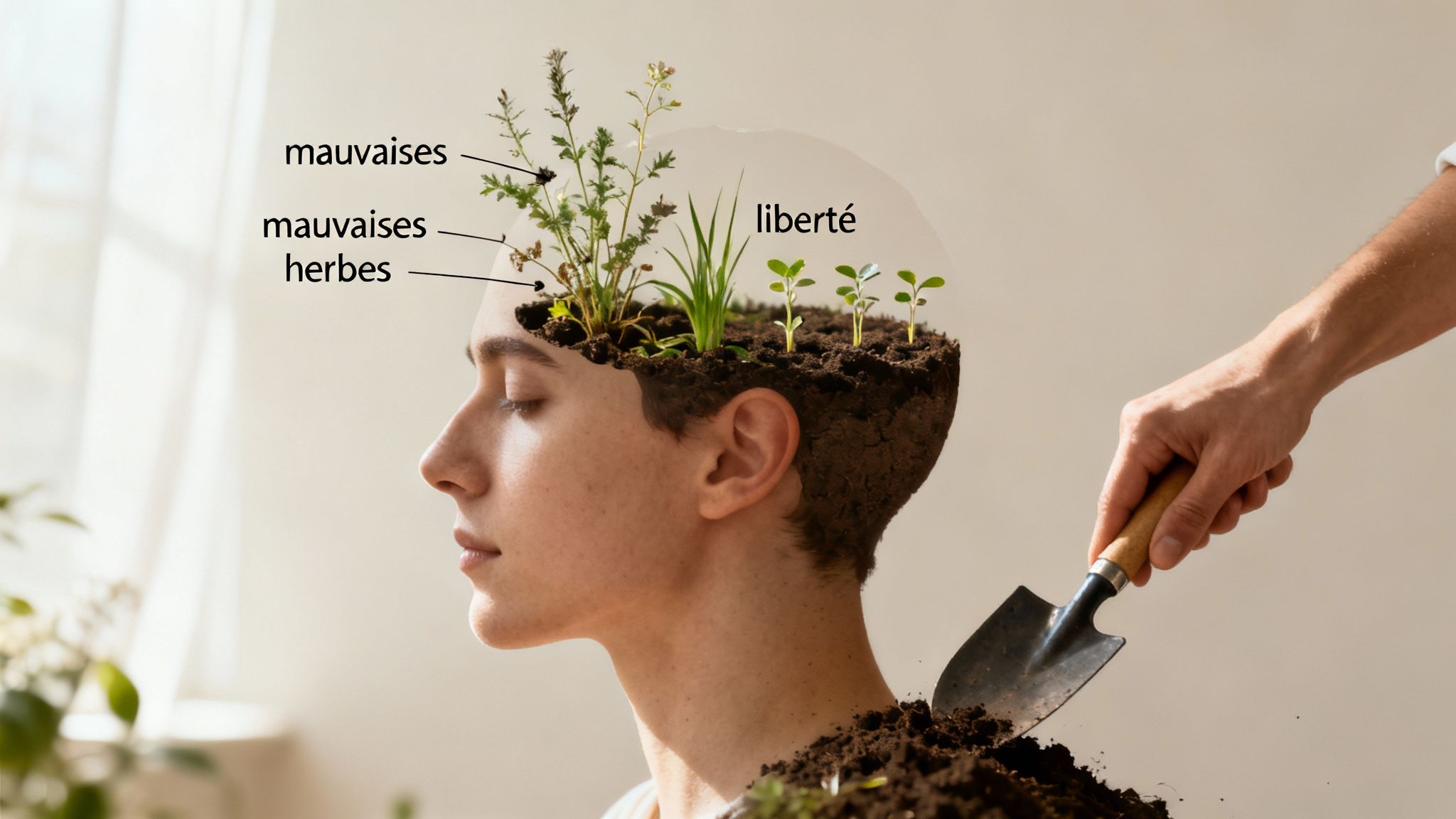 Tête d'une personne remplie de terre et de plantes. Une main retire les mauvaises herbes, symbolisant la libération mentale.