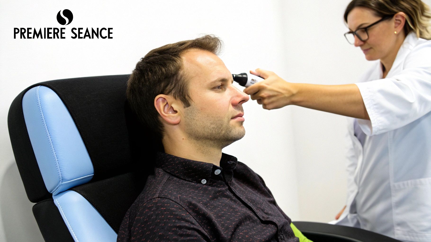 Une personne confortablement installée pendant une séance de laser anti-tabac, avec un praticien appliquant délicatement le laser sur l'oreille.
