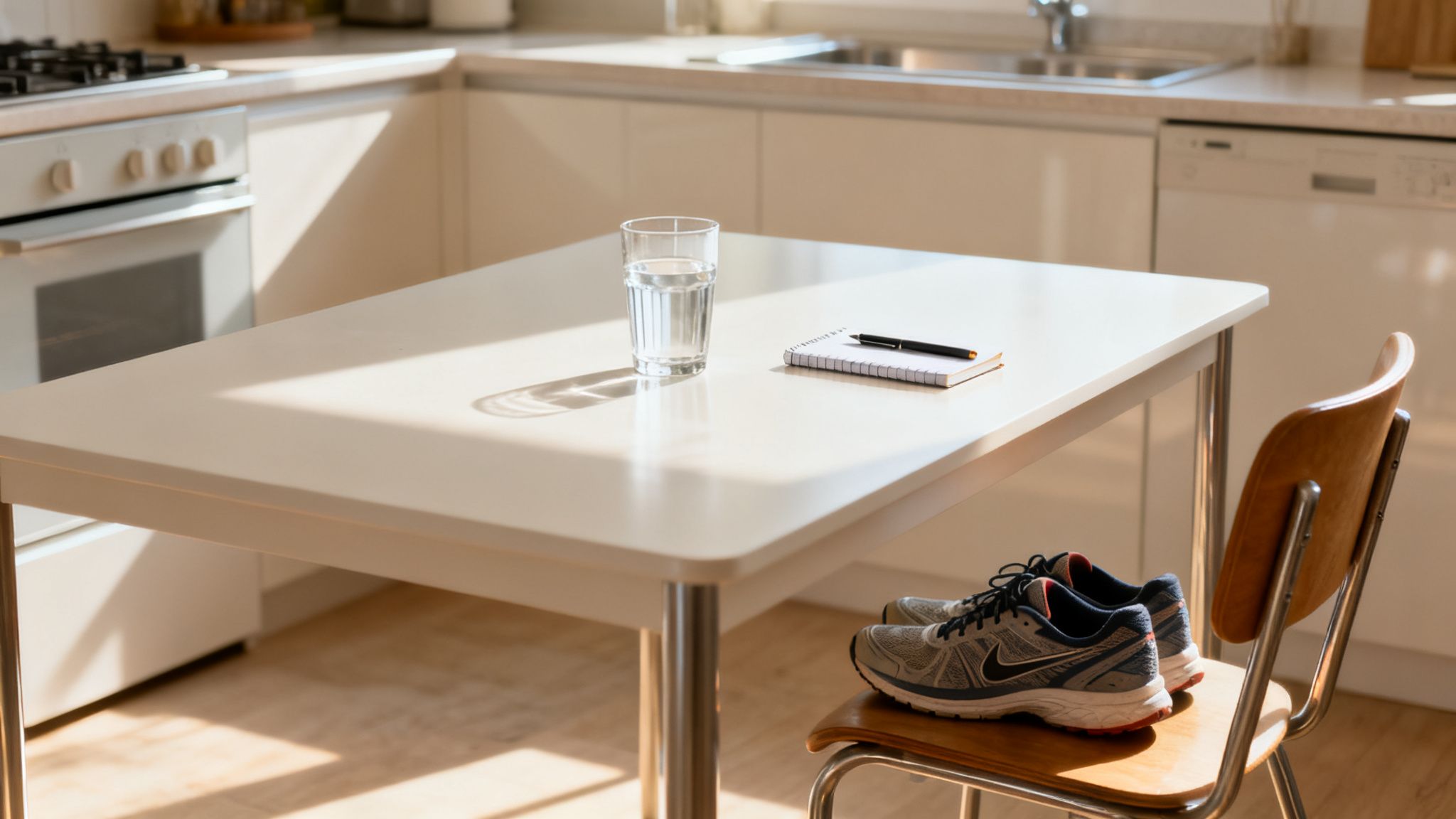 Verre d'eau, carnet, stylo sur une table de cuisine. Des chaussures de sport sont sur une chaise.