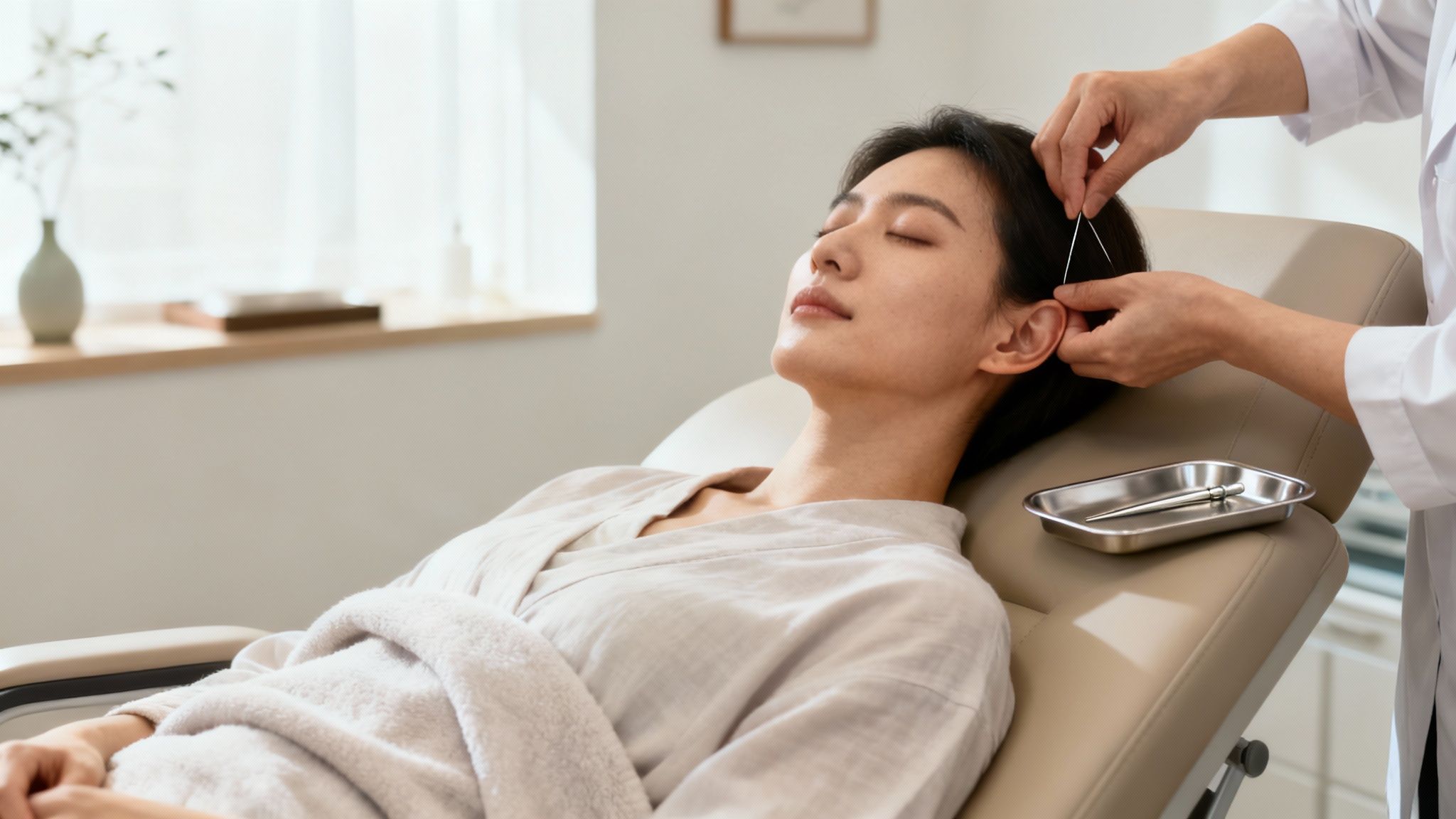 Une personne reçoit un traitement d'acupuncture dans une atmosphère calme et sereine.