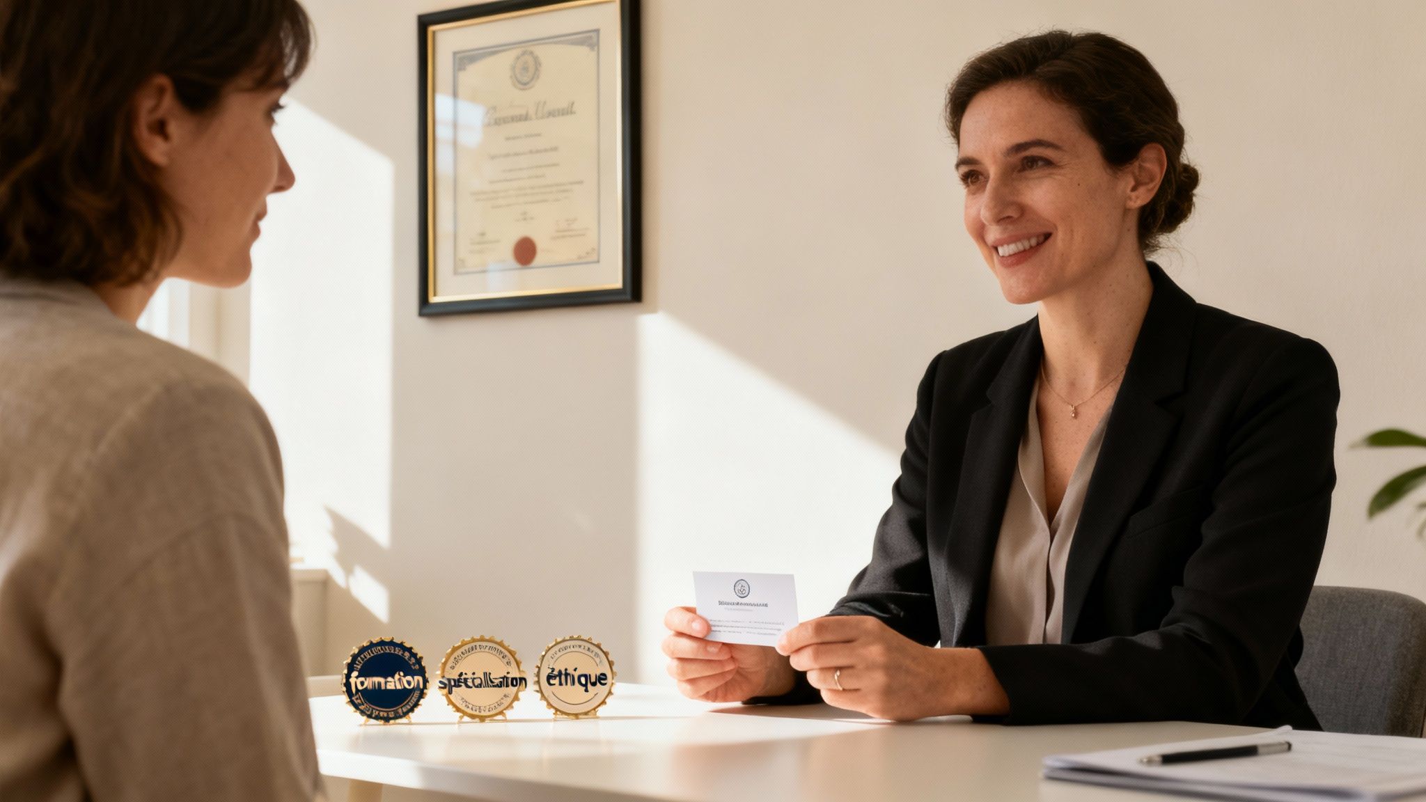 Deux femmes souriantes en consultation professionnelle. L'une tient une carte de visite dans un bureau lumineux.