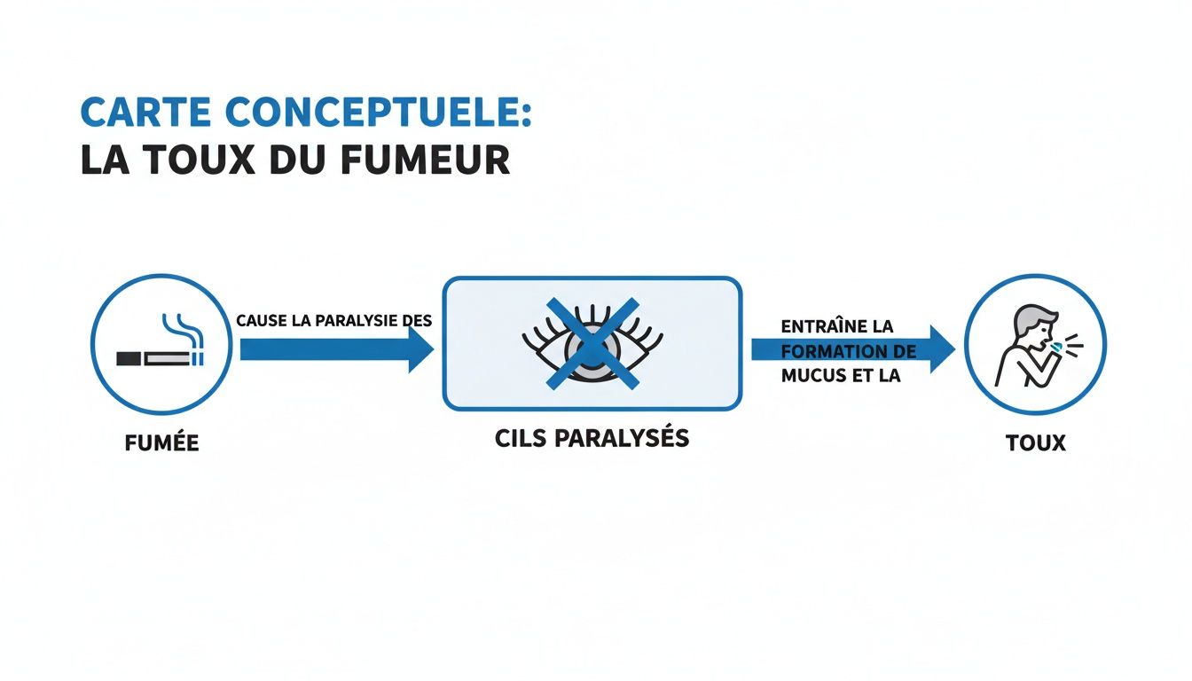 Carte conceptuelle expliquant comment la fumée paralyse les cils, entraînant la formation de mucus et la toux du fumeur.