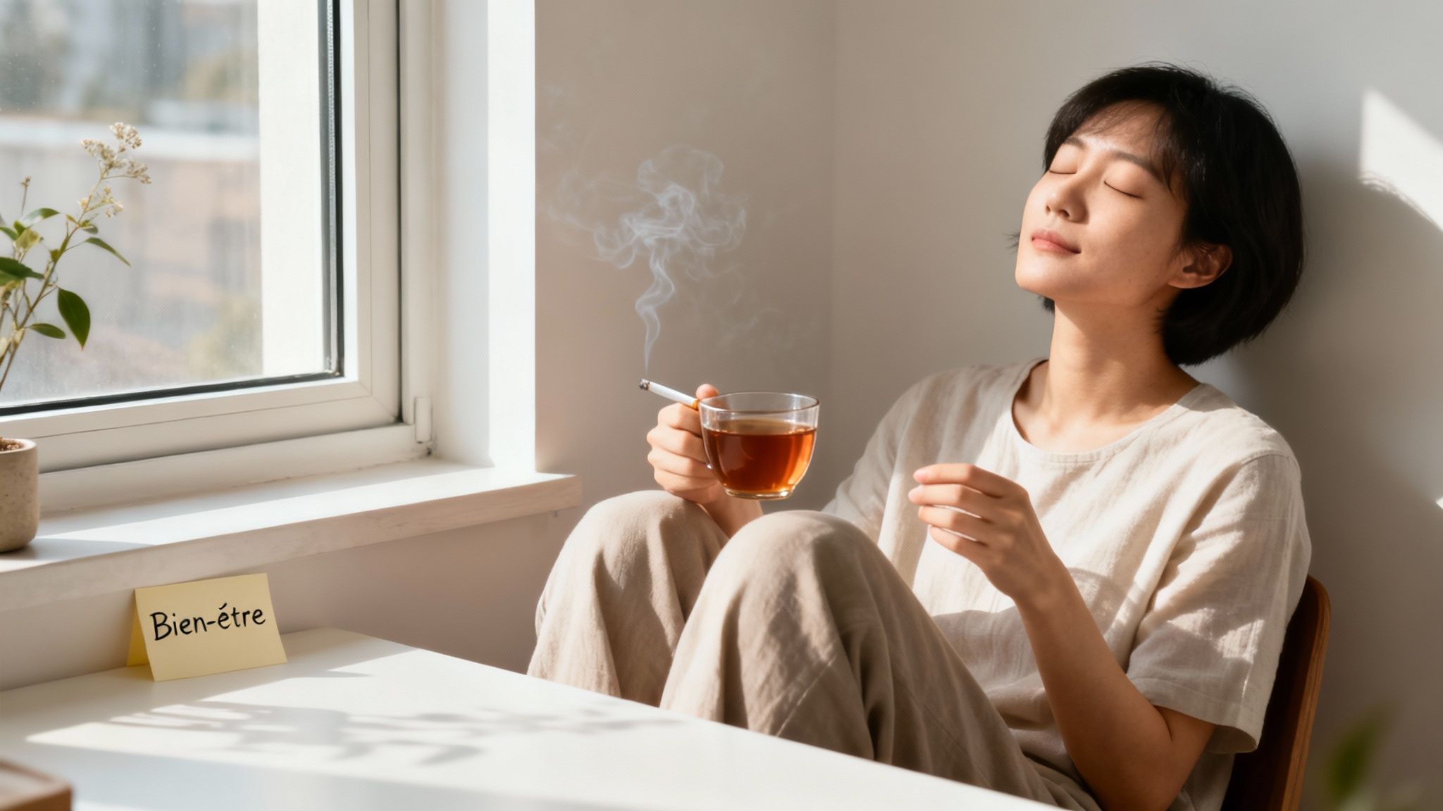Jeune femme se détendant au soleil près d'une fenêtre, tenant une cigarette fumante et une tasse de thé, avec un mot 'Bien-être' posé sur la table.