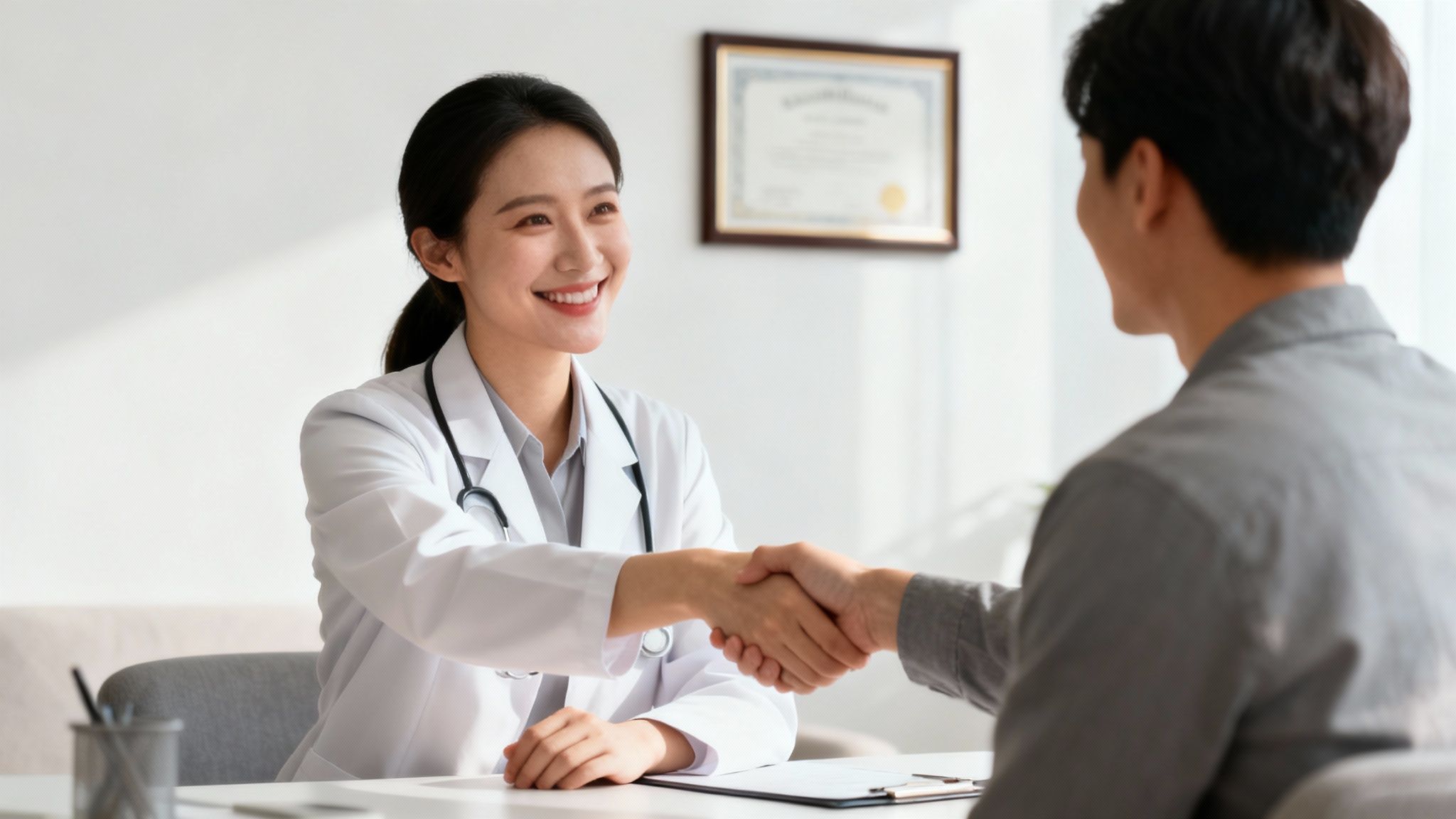 Une femme médecin souriante en blouse blanche serre la main d'un patient masculin lors d'une consultation.