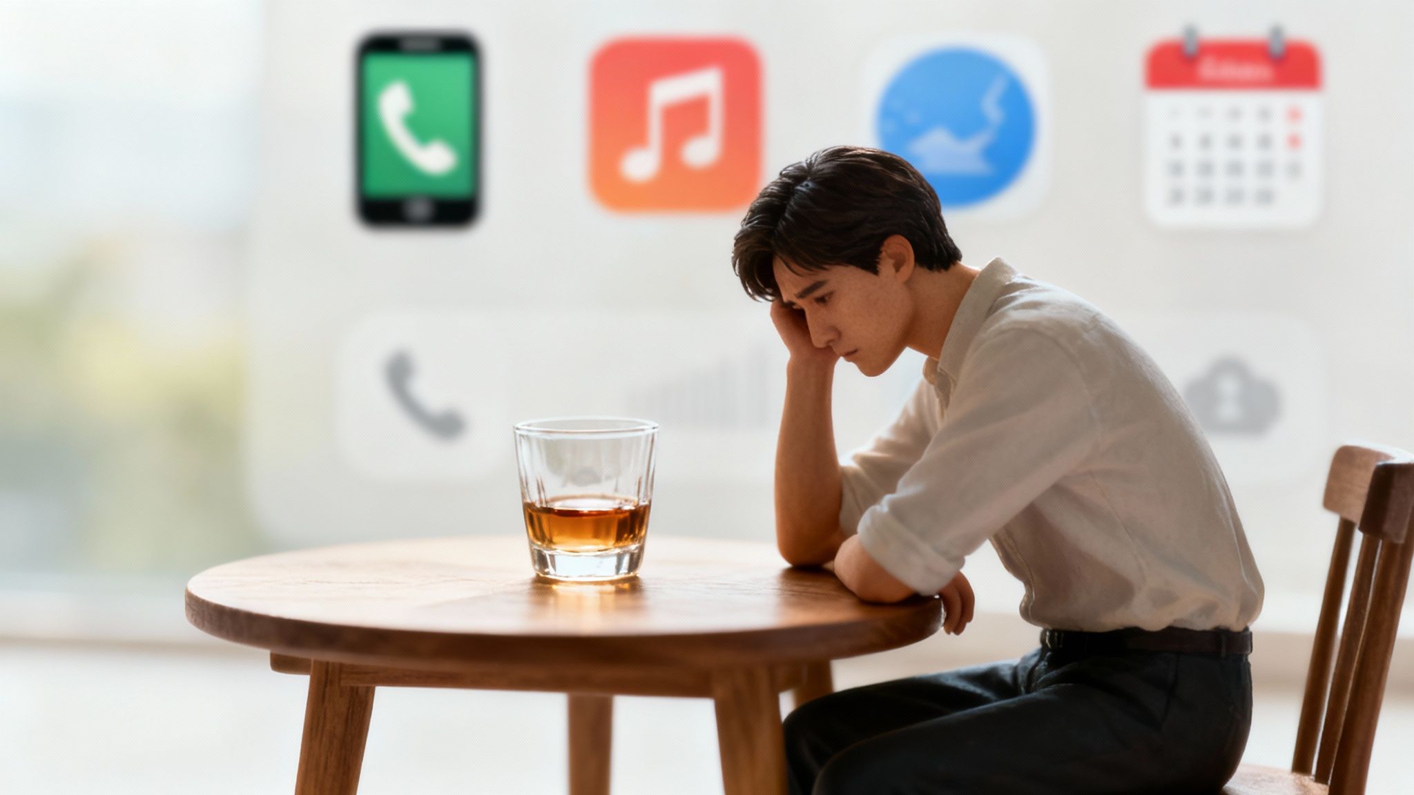 Personne regardant un verre d'alcool avec une expression pensive