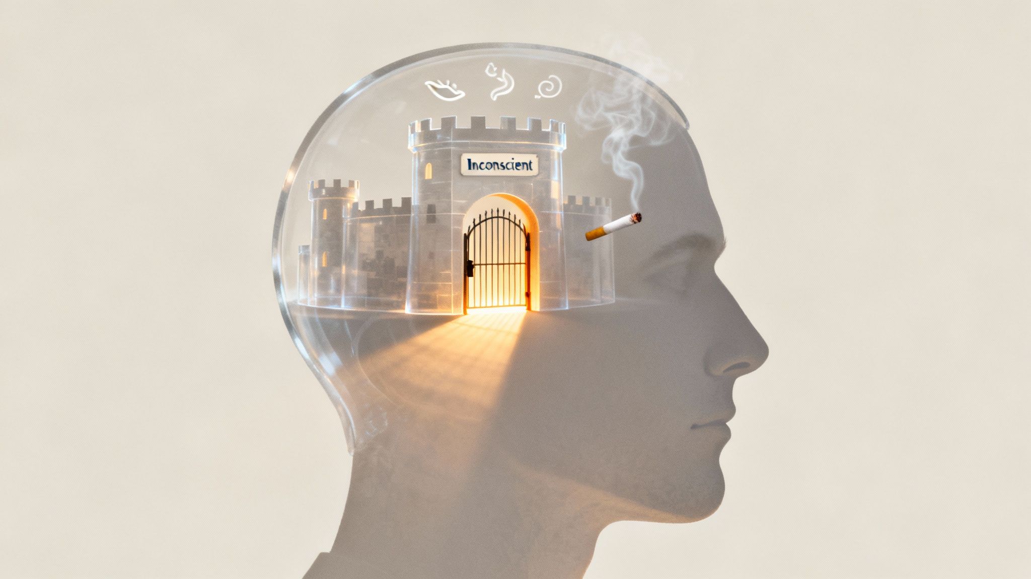 Tête humaine transparente avec un château 'Inconscient' et une cigarette fumante, illustrant l'hypnose pour arrêter de fumer.