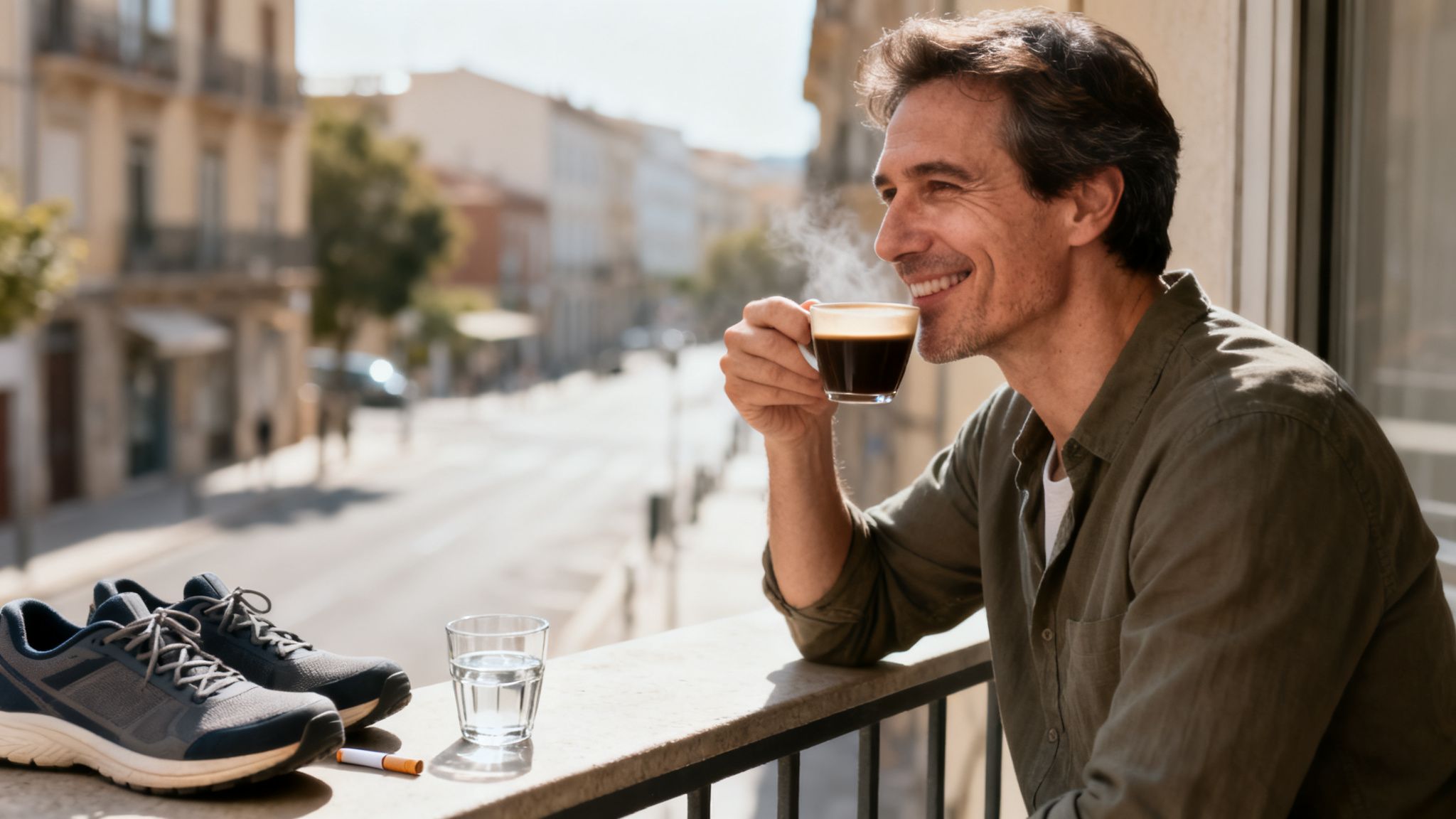 Arrêter de fumer en une séance est-ce vraiment possible 4 Un homme souriant boit du café chaud sur un balcon, à côté de baskets, d'eau et d'une cigarette usagée.