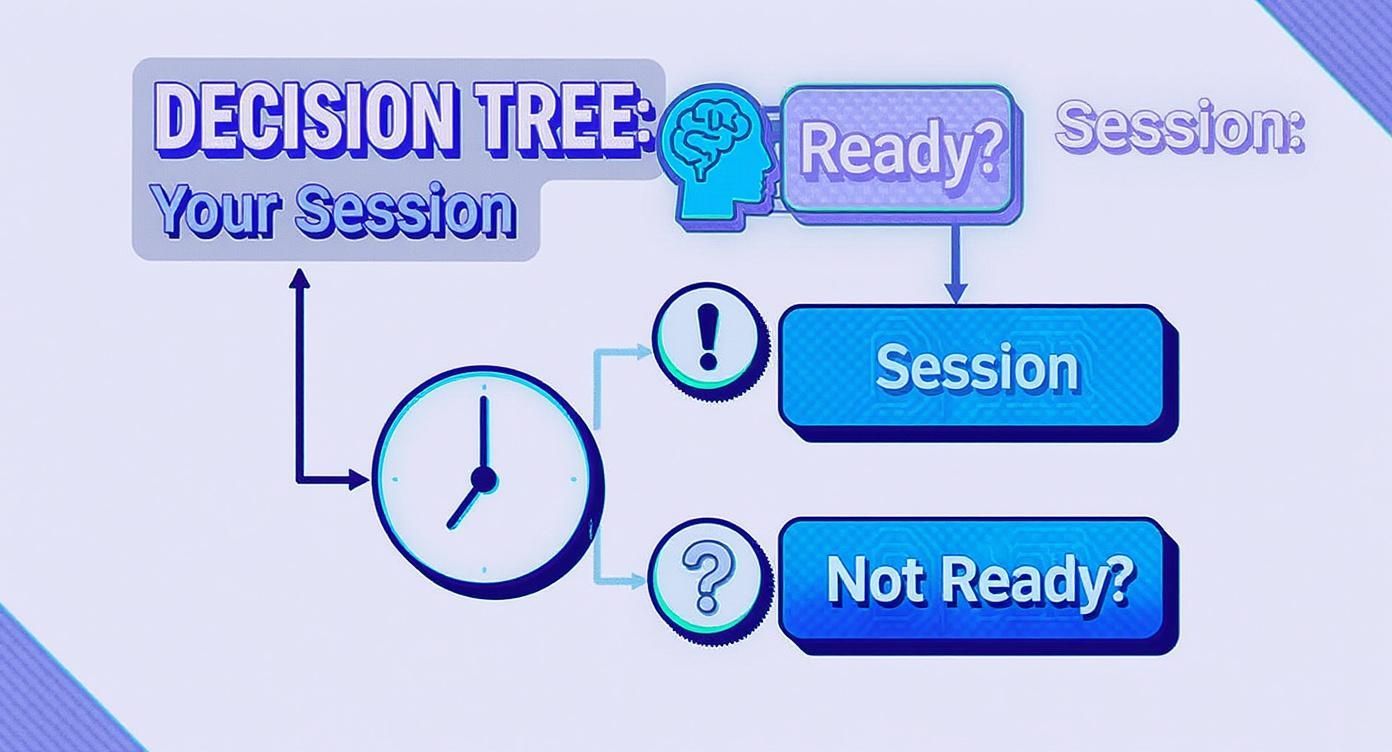 Diagramme de décision ou organigramme montrant le processus d'une session, avec des icônes de cerveau et d'horloge.