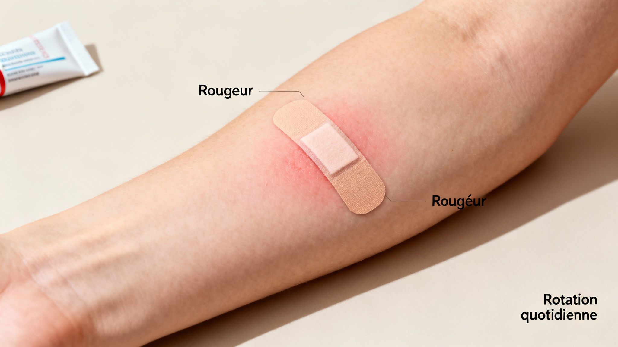 Bras montrant une rougeur autour d'un patch cutané, signe d'irritation ou d'effet secondaire. Crème en arrière-plan.