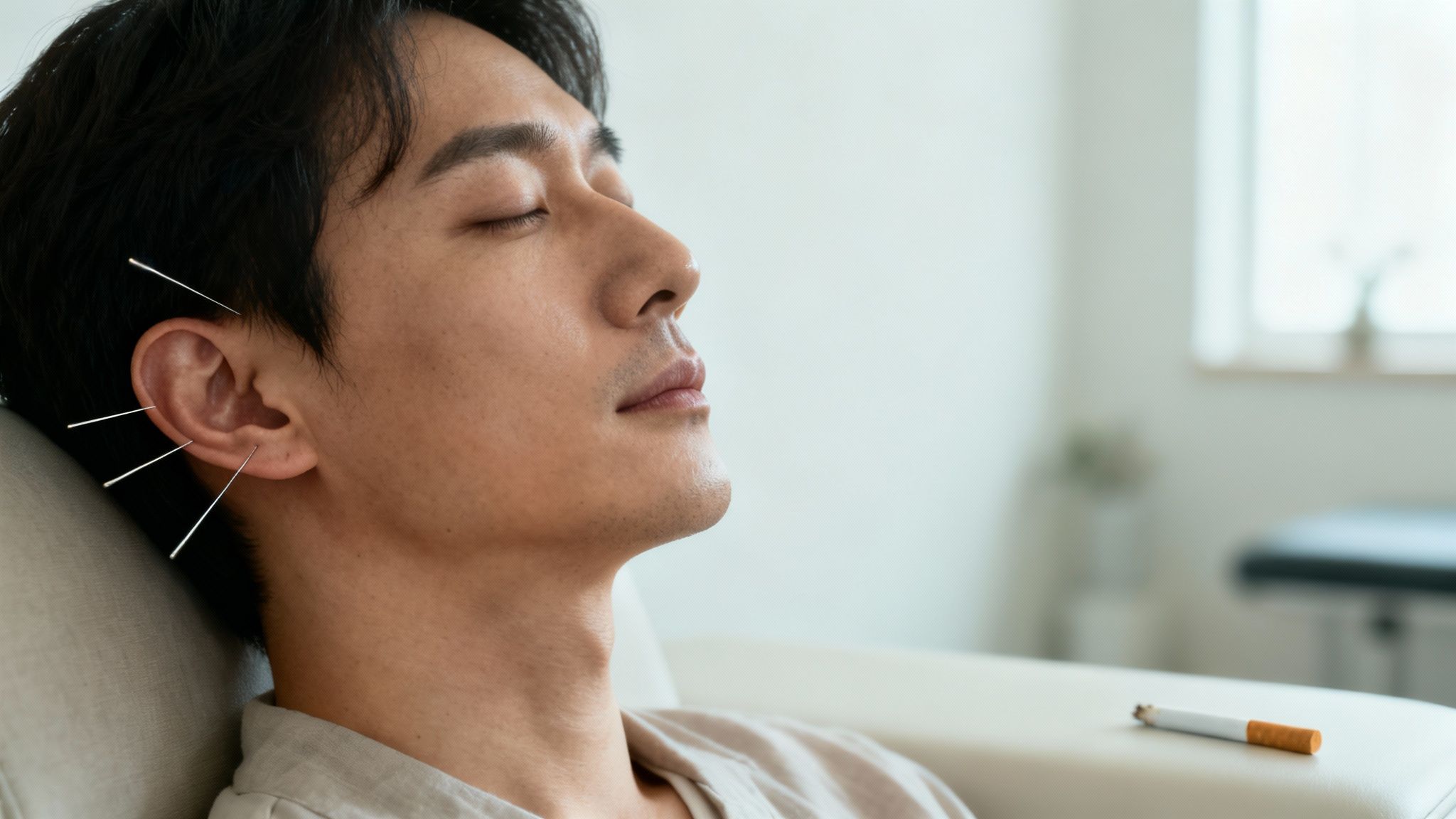 Un homme aux yeux fermés reçoit de l'acupuncture auriculaire pour arrêter de fumer. Une cigarette est visible.