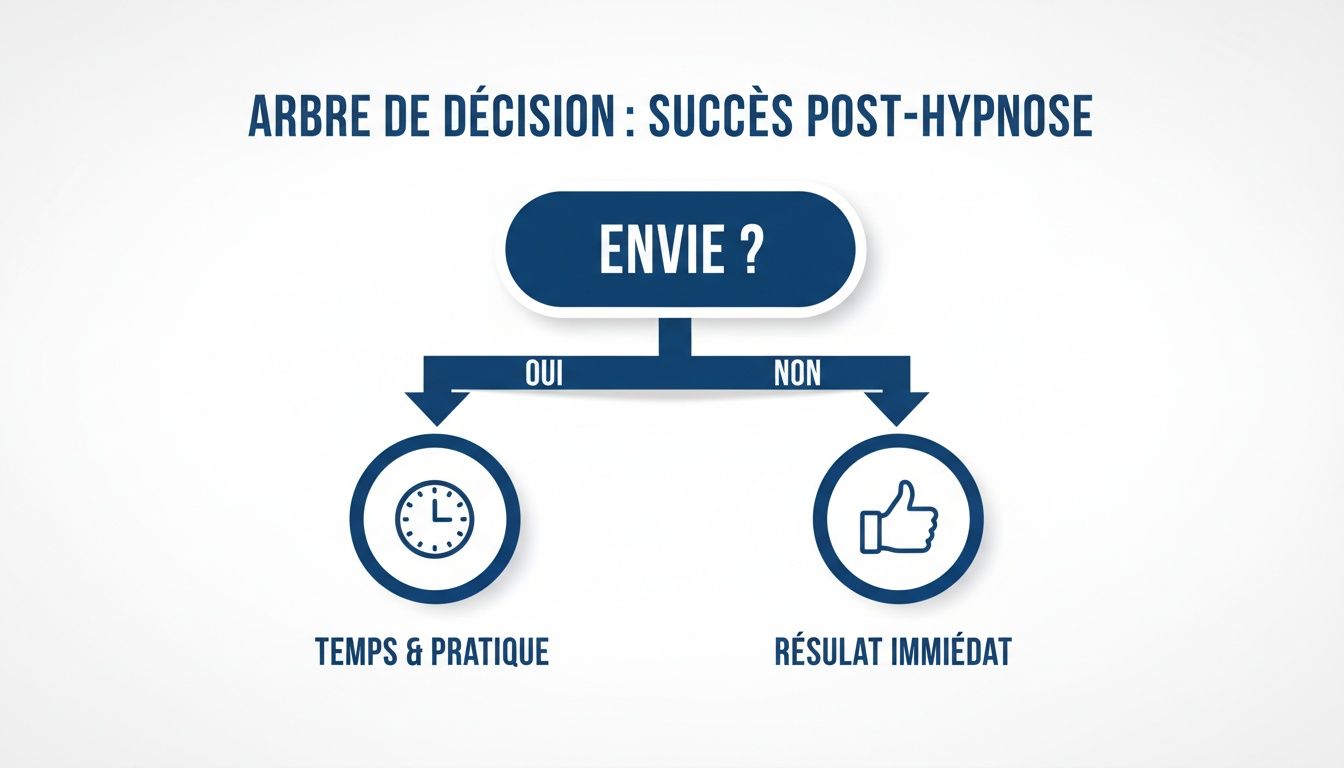 Arbre de décision illustrant le succès post-hypnose, posant la question "ENVIE ?" avec deux chemins : "OUI" pour temps et pratique, et "NON" pour résultat immédiat.