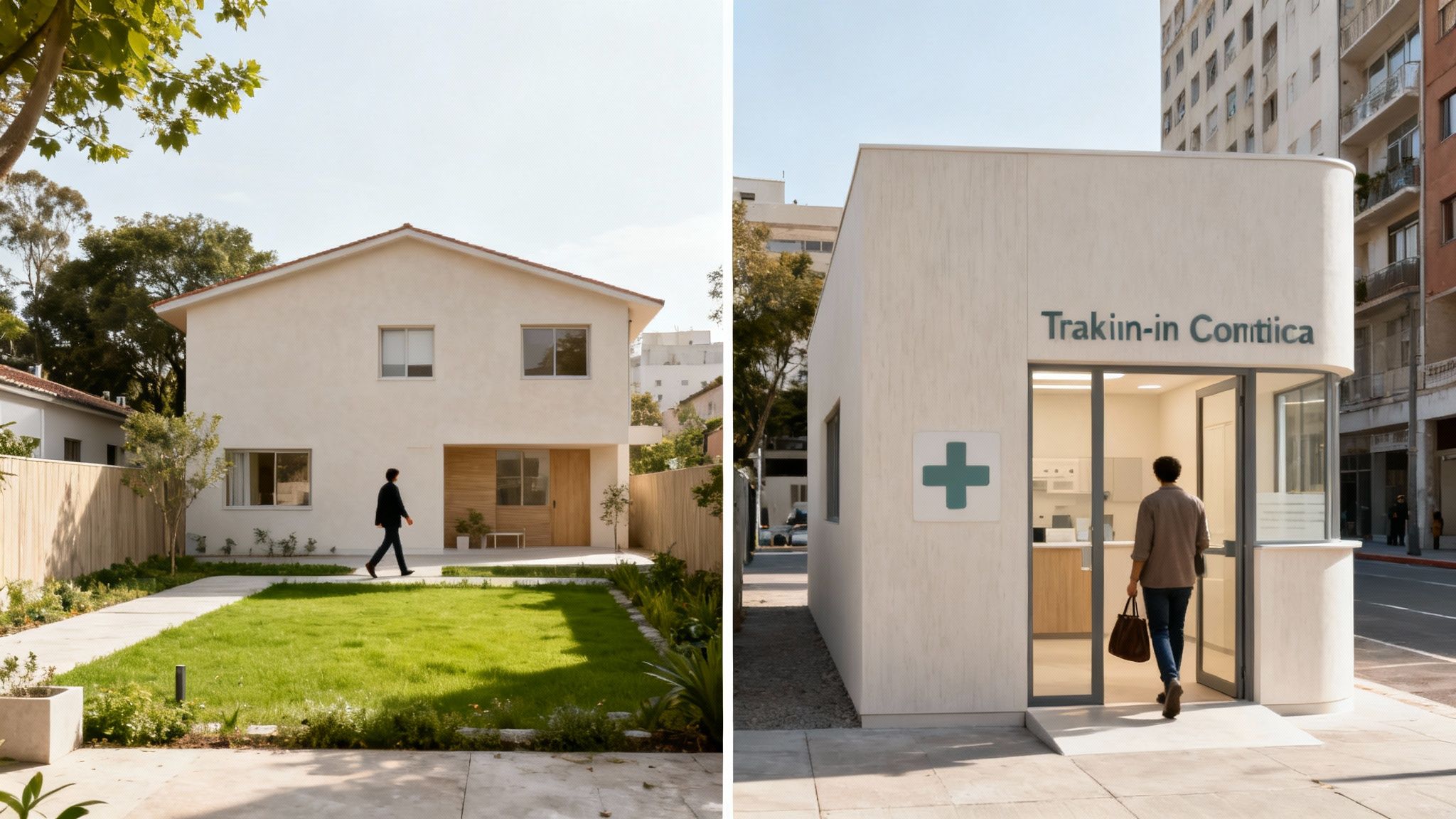 Vue de deux bâtiments modernes : une maison résidentielle avec jardin et un centre médical en ville.