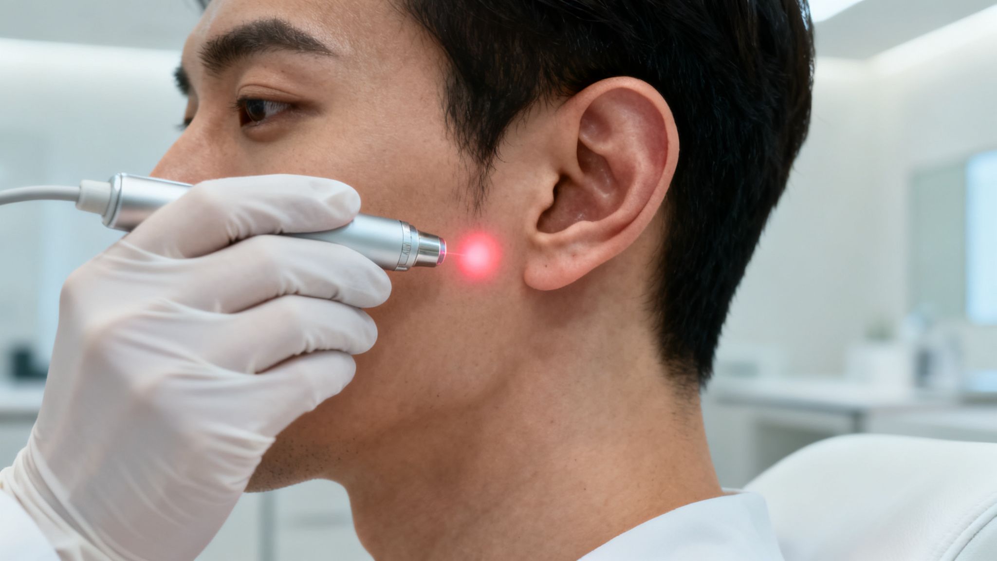 Le guide du sevrage tabagique naturel pour arrêter de fumer sans effort 5 Un homme reçoit un traitement laser facial par un professionnel de la santé portant des gants blancs, avec une lumière rouge visible sur sa joue.