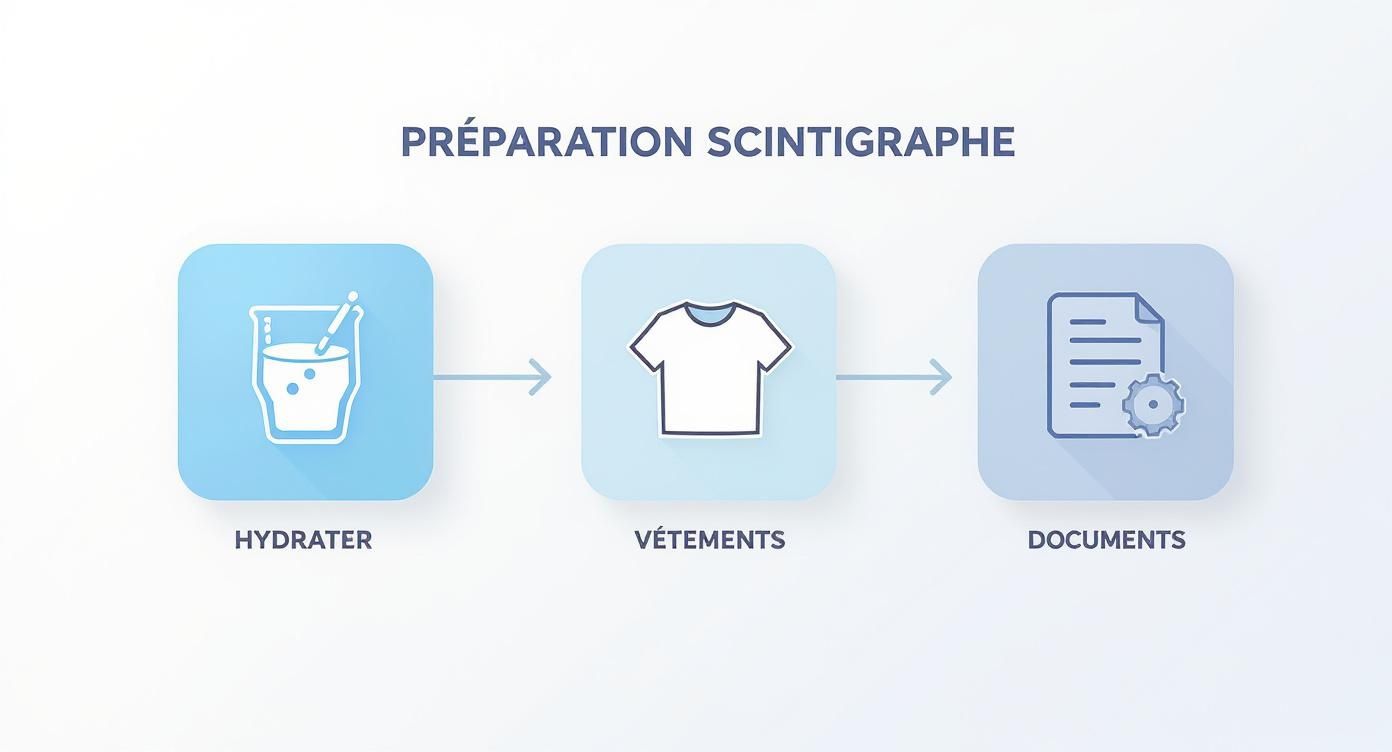 Infographie montrant les 3 étapes de préparation à une scintigraphie : icône de verre d'eau pour l'hydratation, icône de t-shirt pour les vêtements confortables, et icône de dossier pour les documents médicaux.