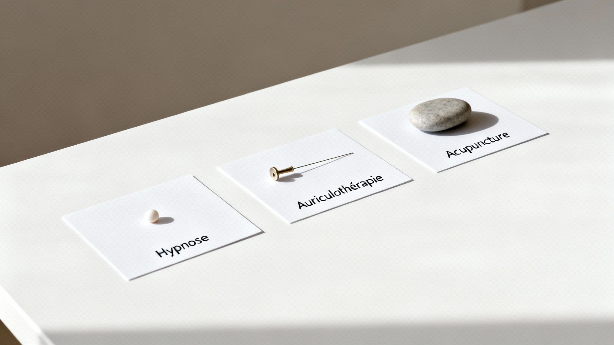 Trois cartes blanches sur une surface lumineuse, montrant l'hypnose, l'auriculothérapie et l'acupuncture avec des objets.
