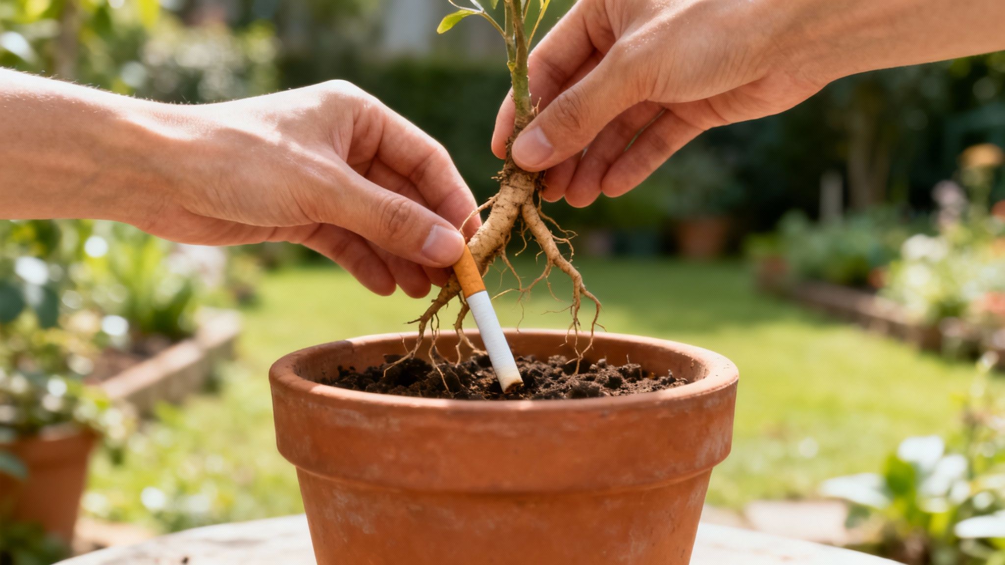 Mains plantant un jeune plant avec ses racines dans un pot en terre cuite au jardin