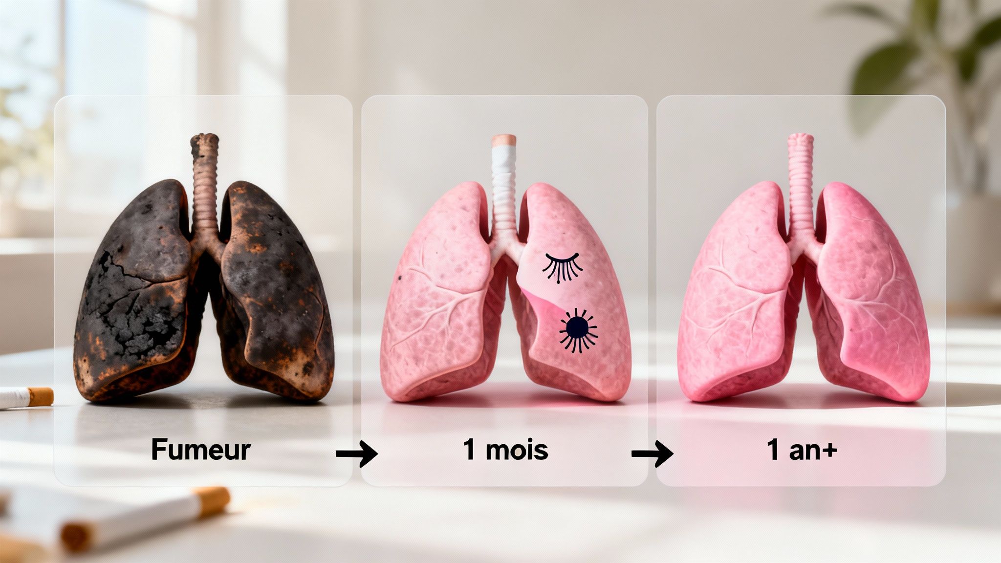 Progression de poumons foncés de fumeur vers des poumons sains après un mois et plus d'un an d'arrêt.