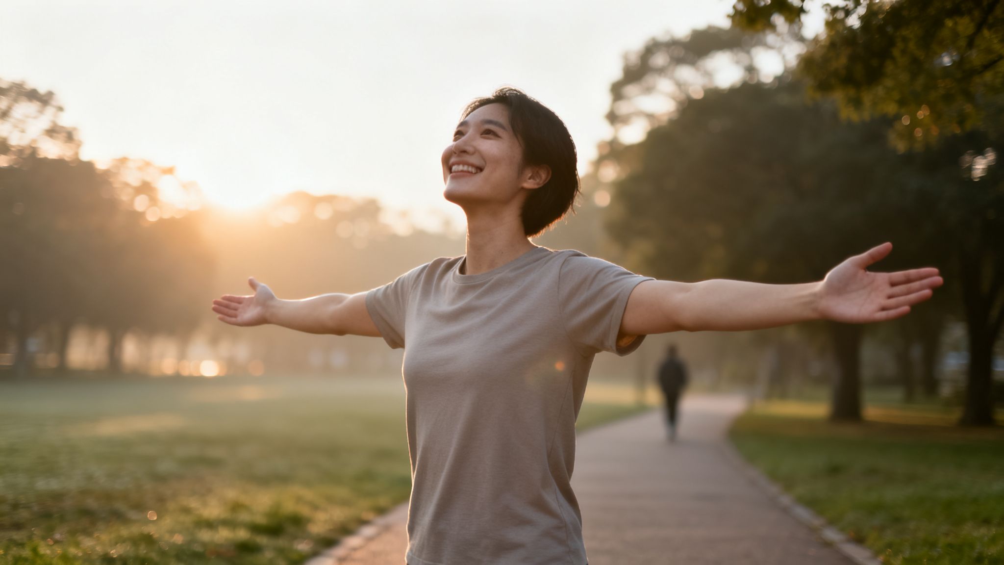 Jeune femme souriante, les bras ouverts, profitant du soleil levant dans un parc verdoyant.