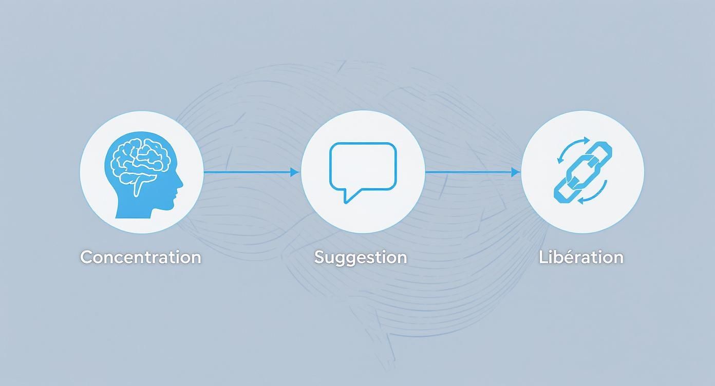 Processus en trois étapes : concentration mentale, suggestion thérapeutique et libération du tabac par hypnose