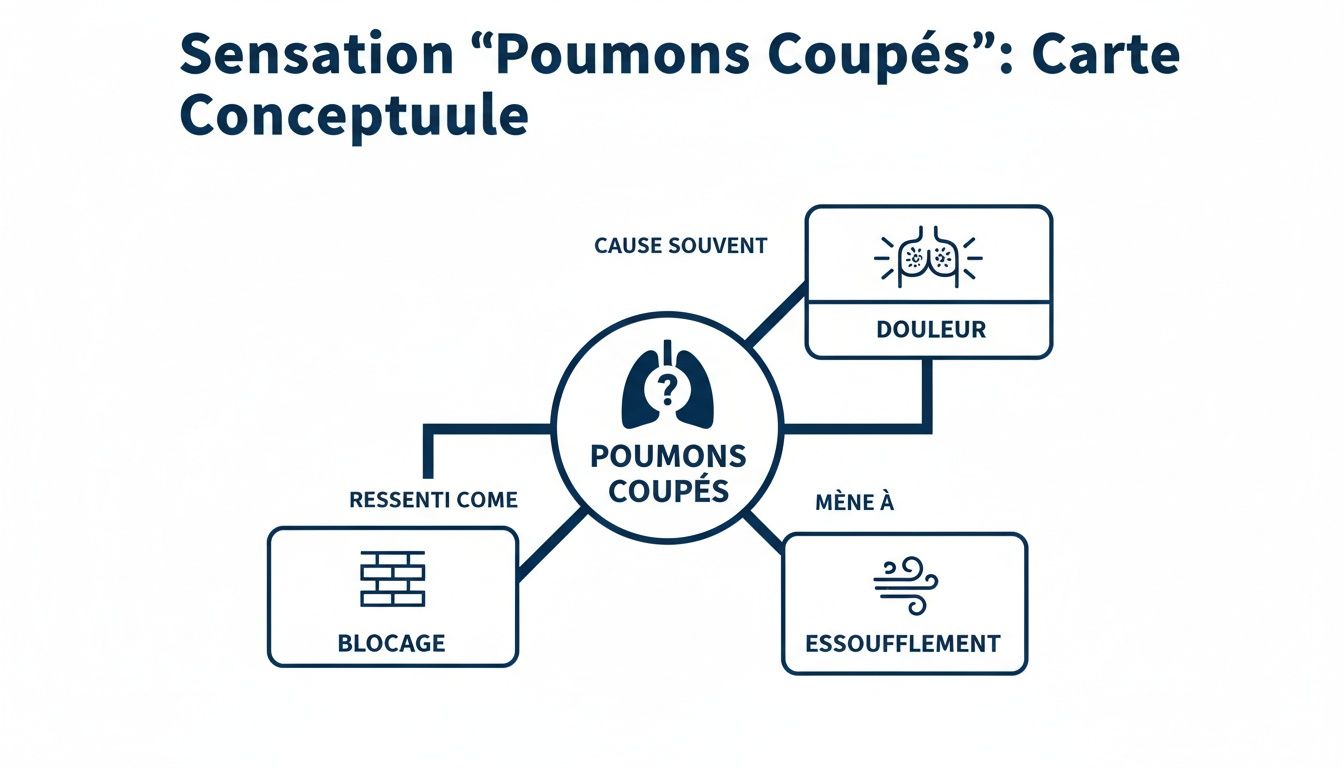 Carte conceptuelle illustrant la sensation de 'poumons coupés', la reliant à la douleur, au blocage et à l'essoufflement.