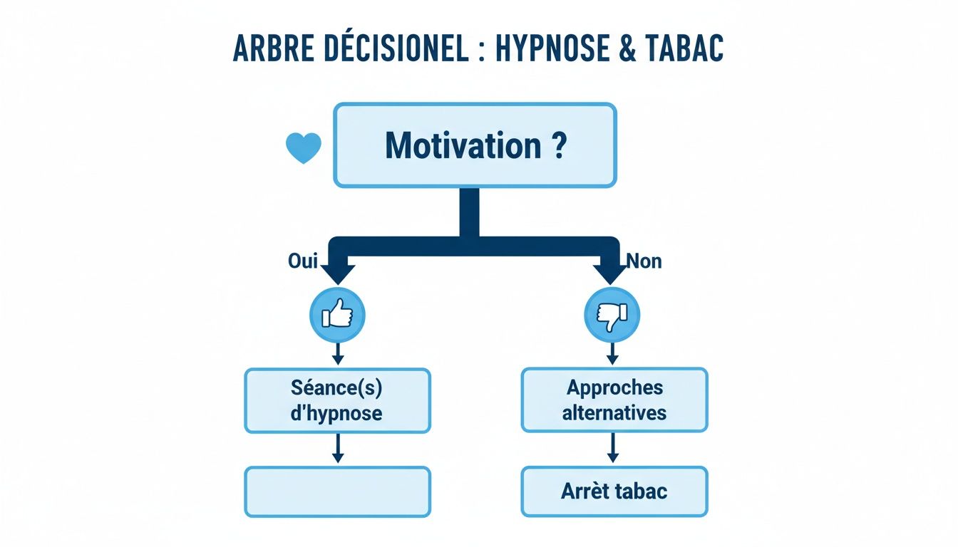 Ce diagramme illustre un arbre décisionnel pour l'arrêt du tabac par hypnose, basé sur la motivation.