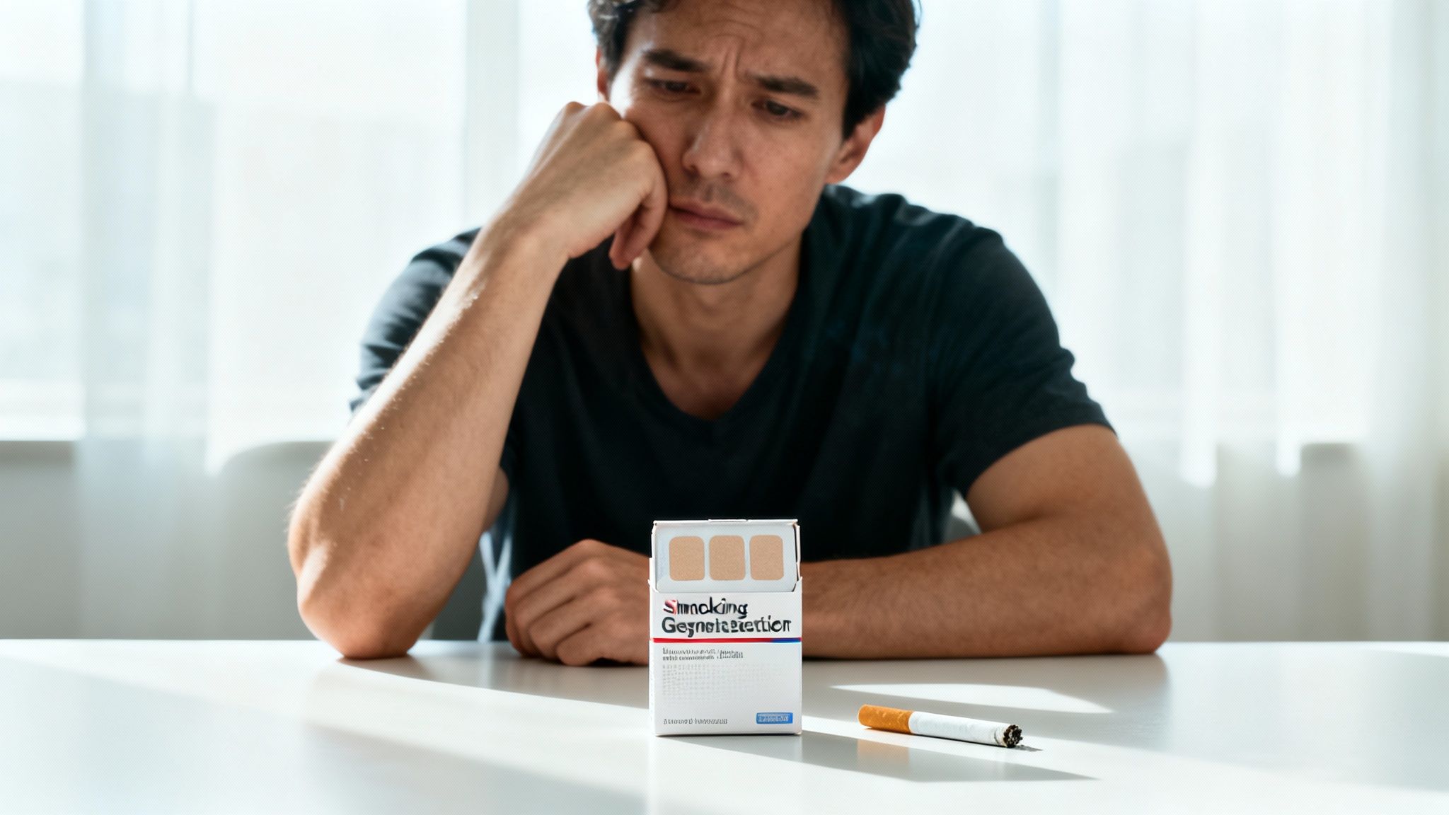 Homme pensif devant des patchs anti-tabac et une cigarette, luttant pour arrêter de fumer.