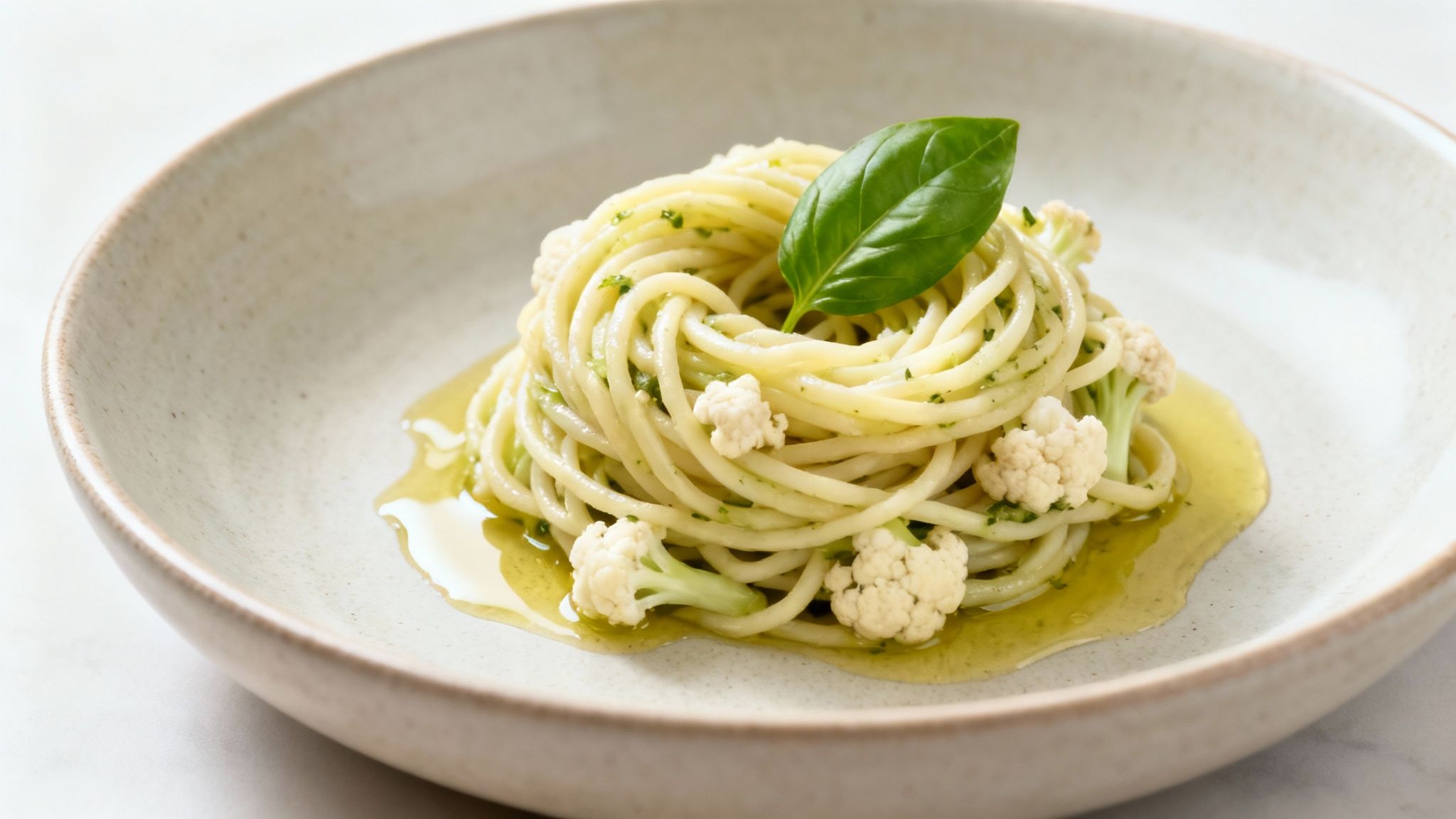 Plat de spaghettis au pesto et chou-fleur garni de basilic frais sur assiette beige