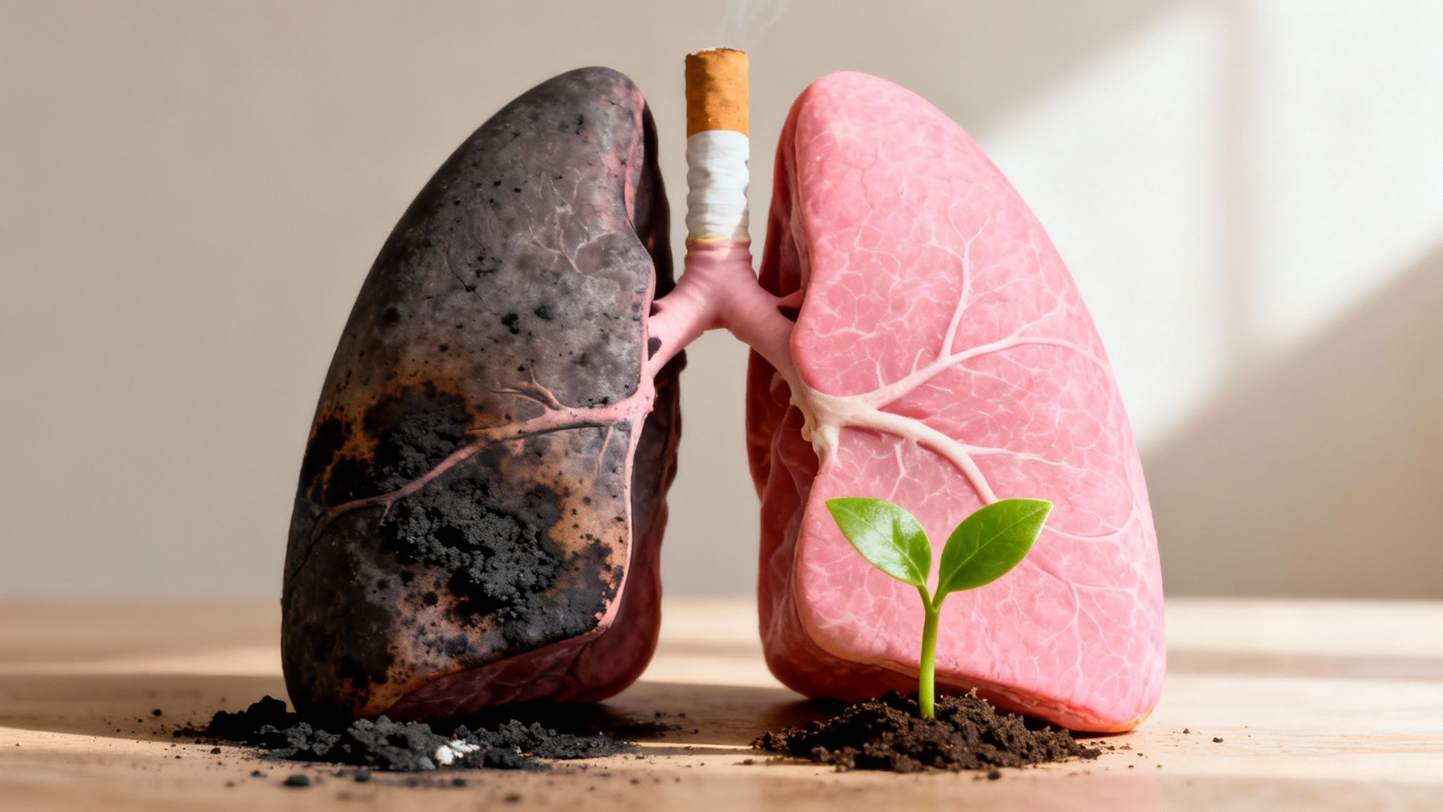 Une image conceptuelle montrant un poumon sain rose avec une plante et un poumon de fumeur noir endommagé avec une cigarette.