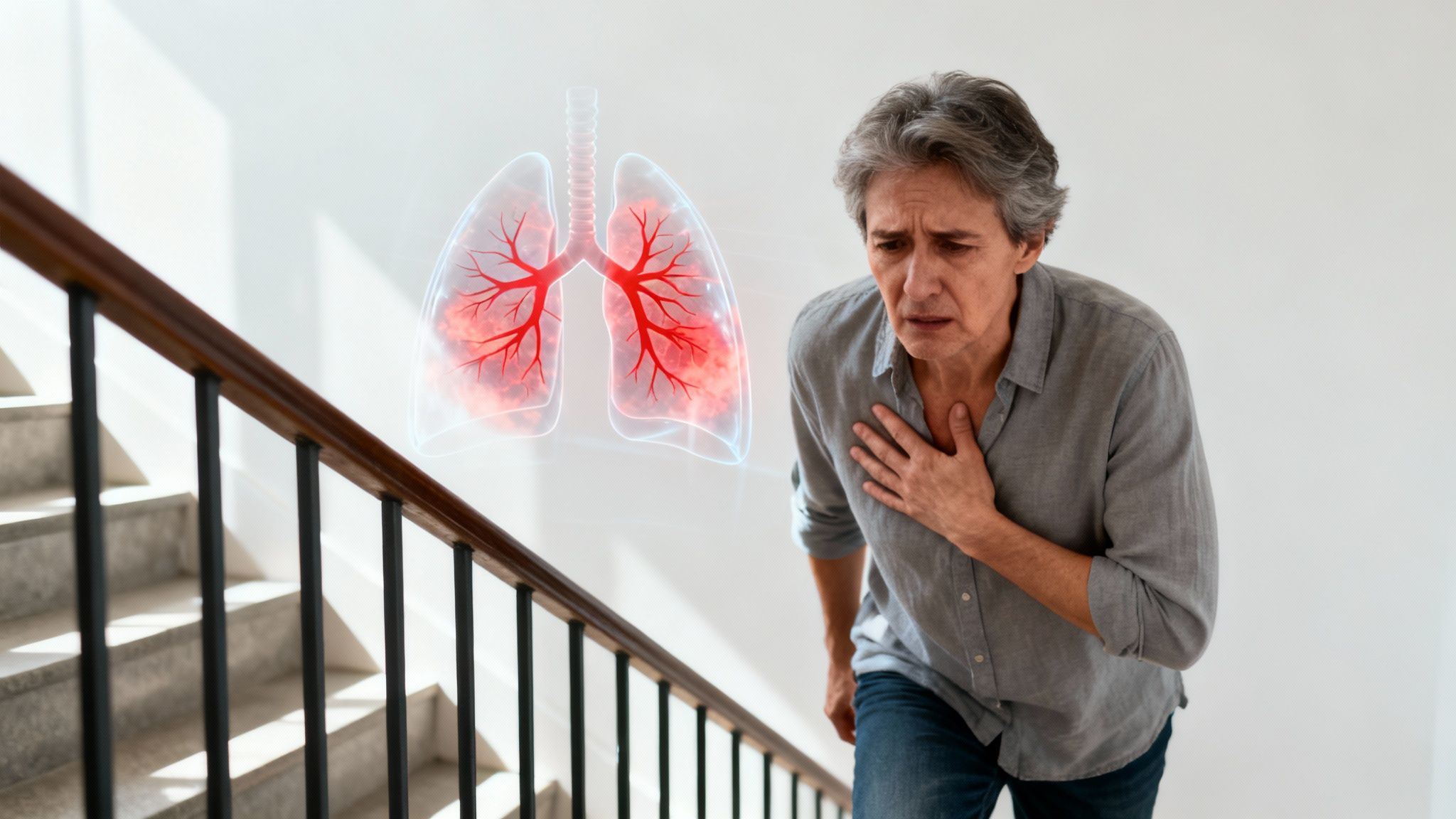 Un homme âgé essoufflé, main sur la poitrine, monte des escaliers, avec une illustration de poumons malades en arrière-plan.