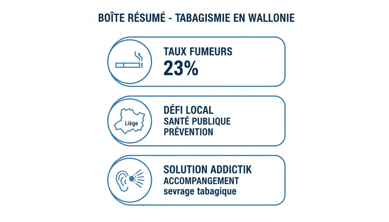 Résumé du tabagisme en Wallonie: 23% de fumeurs, défi de santé publique à Liège, et solutions d'aide au sevrage.