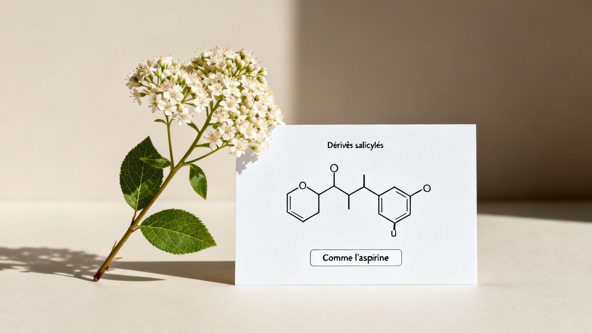 Fleur de reine des prés avec une carte montrant la structure chimique des dérivés salicylés, comme l'aspirine.