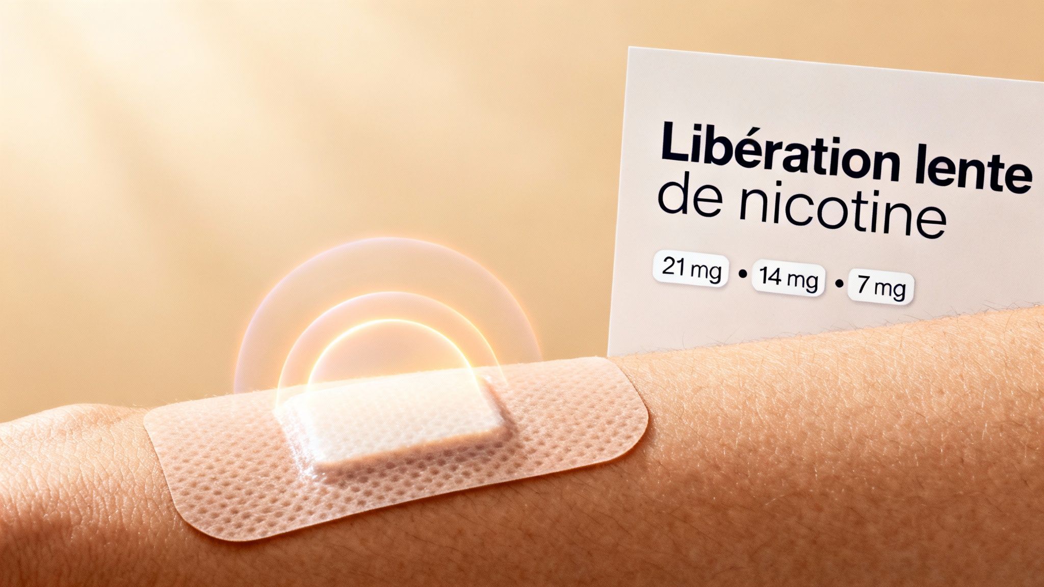 Un patch de nicotine sur un bras avec des ondes lumineuses, et une carte affichant "Libération lente de nicotine" et les dosages.