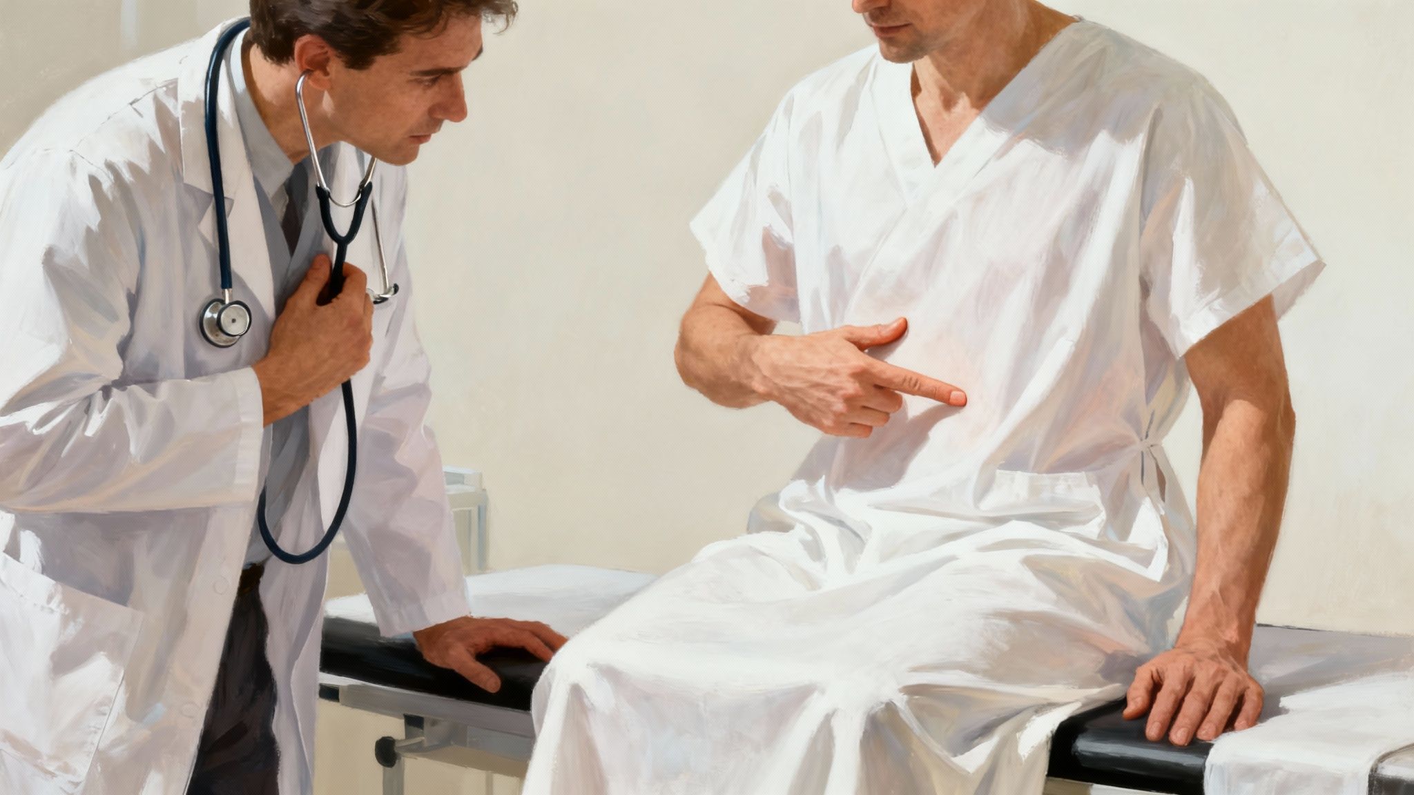 Médecin écoutant les poumons d'un patient avec un stéthoscope dans un cabinet médical.