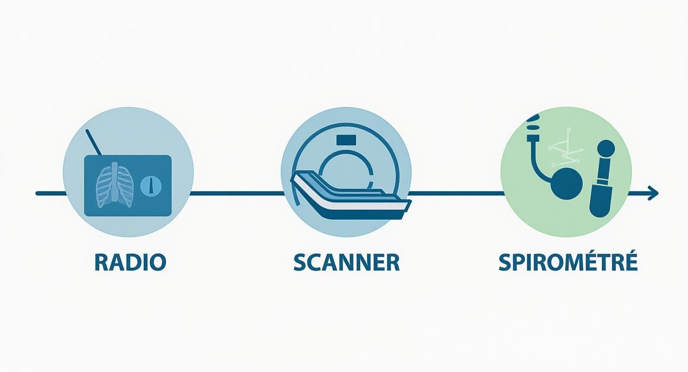 Schéma illustrant les examens médicaux des poumons : radiographie, scanner et spirométrie, avec des icônes explicatives.