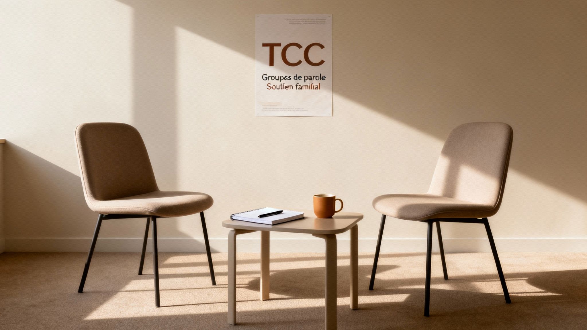 Deux chaises et une table basse avec une tasse et un carnet, sous une affiche 'TCC Groupes de parole Soutien familial'.