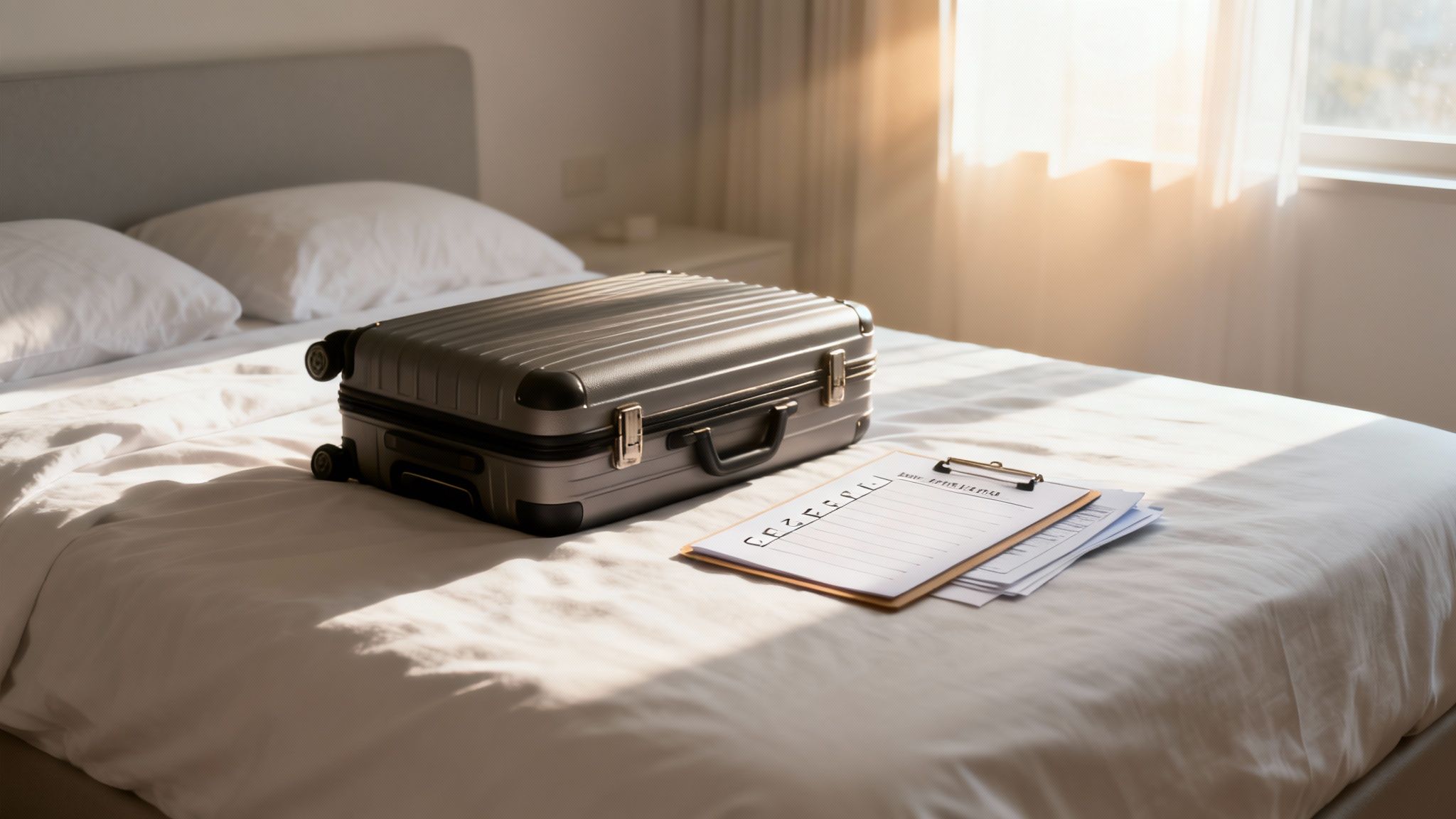 Une valise grise et une liste de contrôle sur un lit blanc dans une chambre ensoleillée, suggérant un voyage.