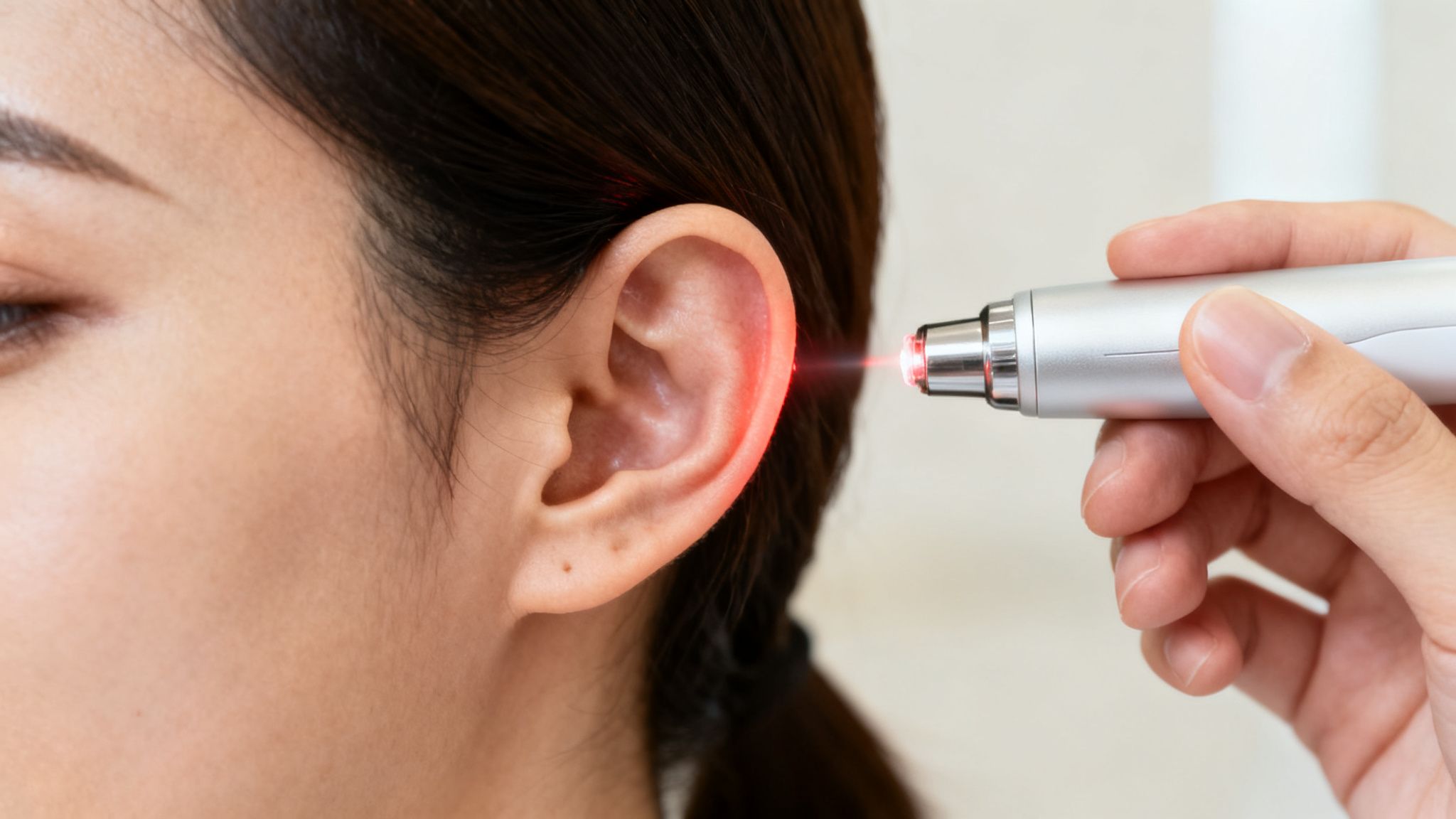 Vaincre l'envie irrépressible de fumer pour de bon 6 Oreille d'une personne recevant un traitement au laser rouge, tenu par une main pour une thérapie médicale.