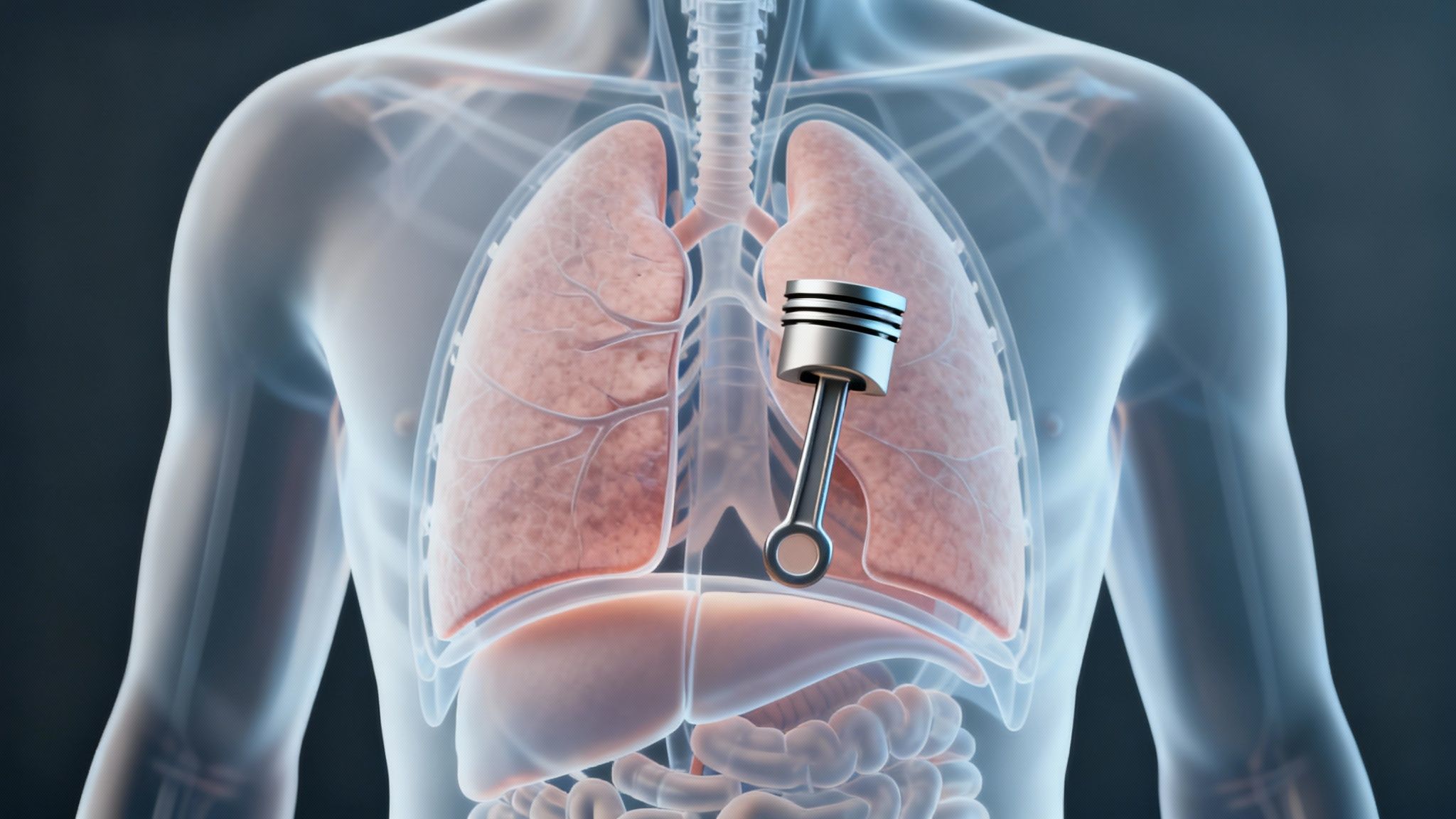 Personne démontrant la respiration diaphragmatique, avec des flèches illustrant le mouvement du muscle.