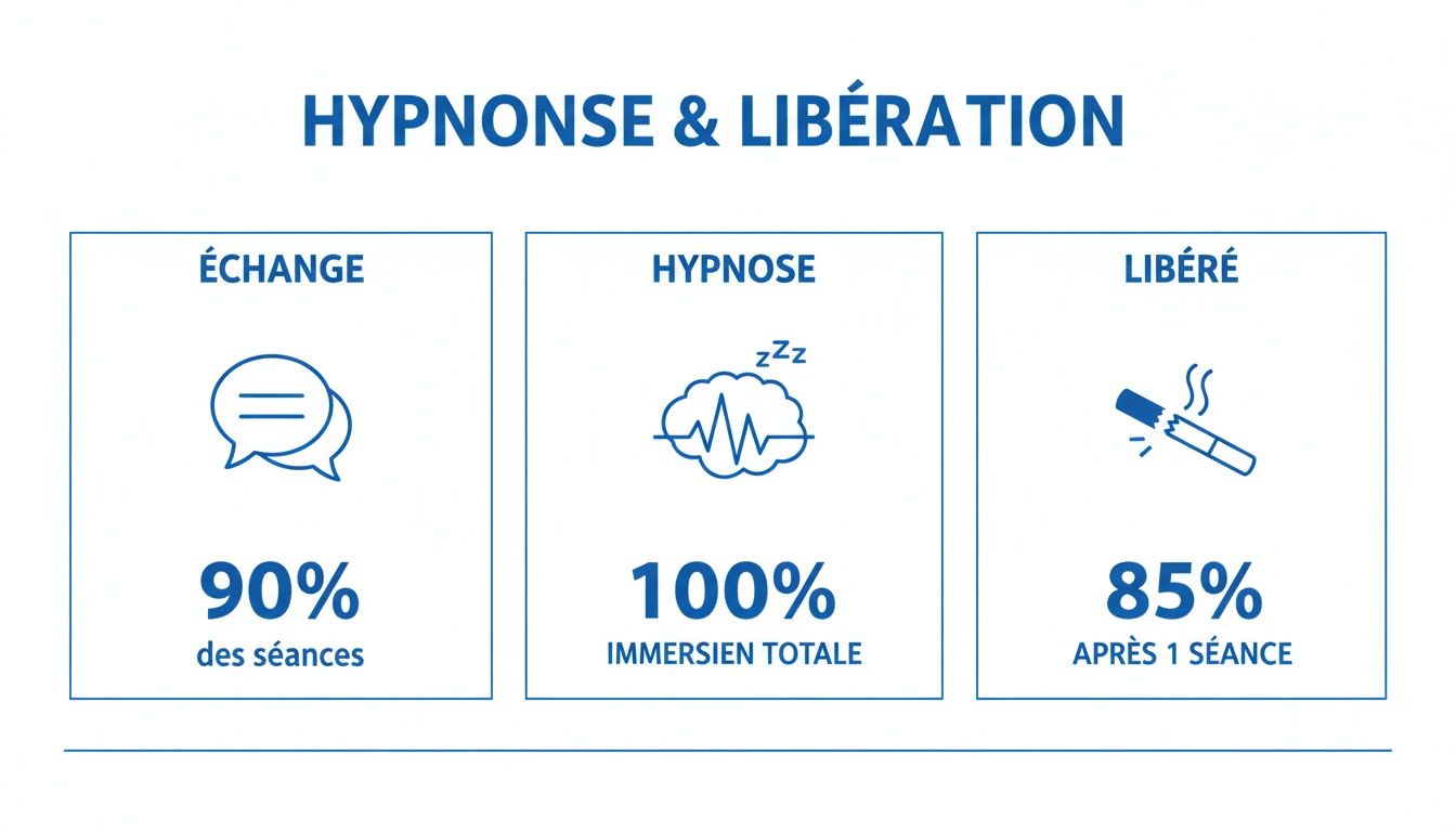 Infographie des étapes d'hypnose pour l'arrêt du tabac : échange, hypnose, et libération avec les pourcentages de réussite.