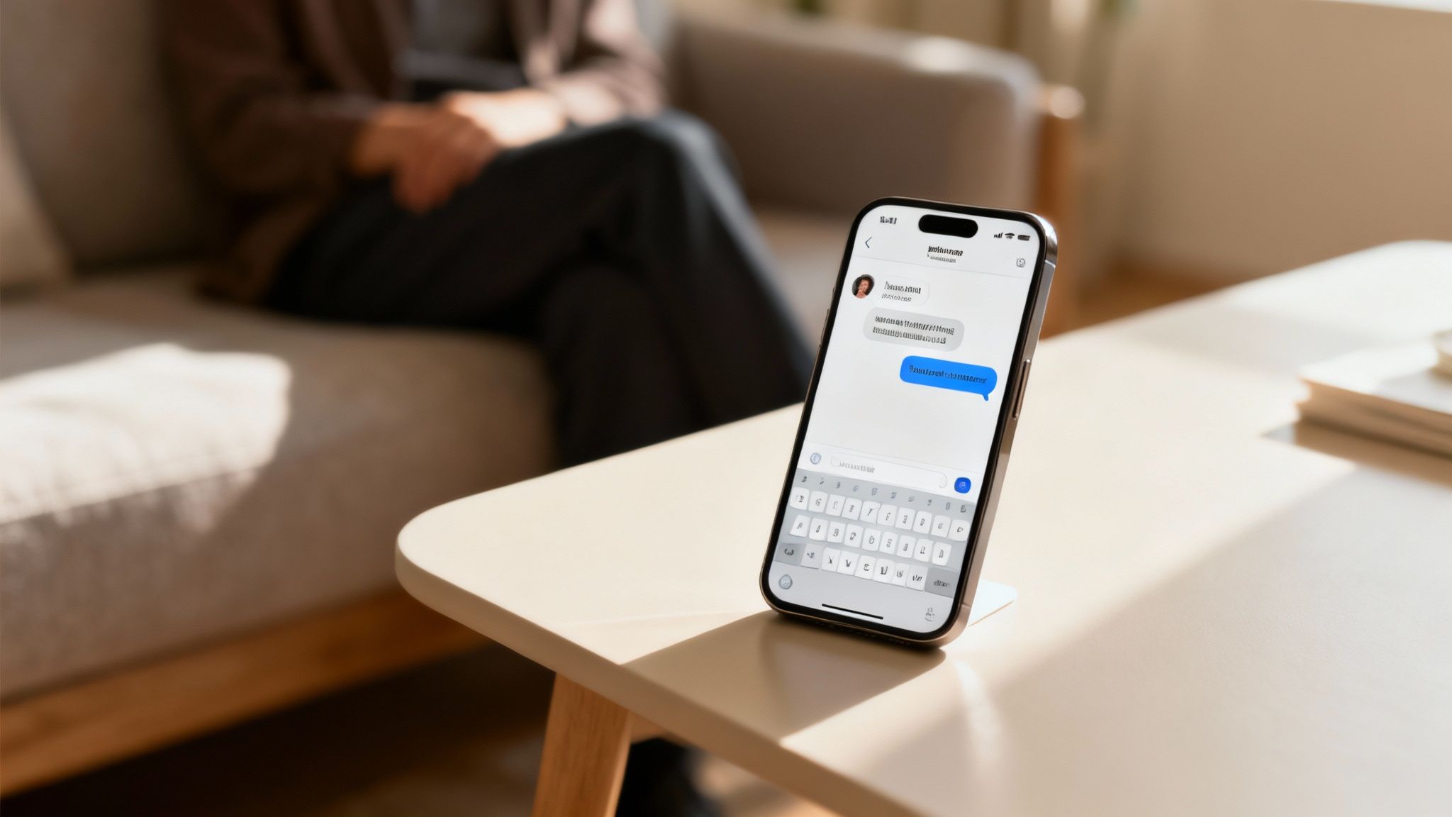 Smartphone sur une table basse affichant une conversation de messagerie, avec une personne assise en arrière-plan.