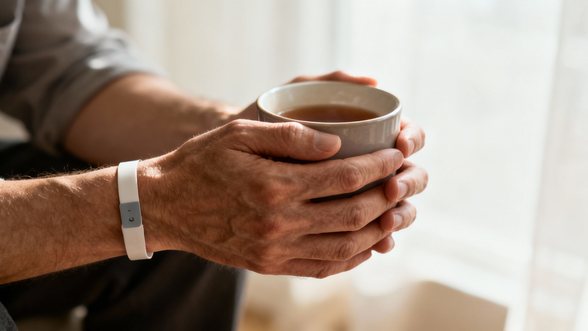 Gros plan sur les mains d'une personne tenant une tasse, avec un bracelet médical au poignet.