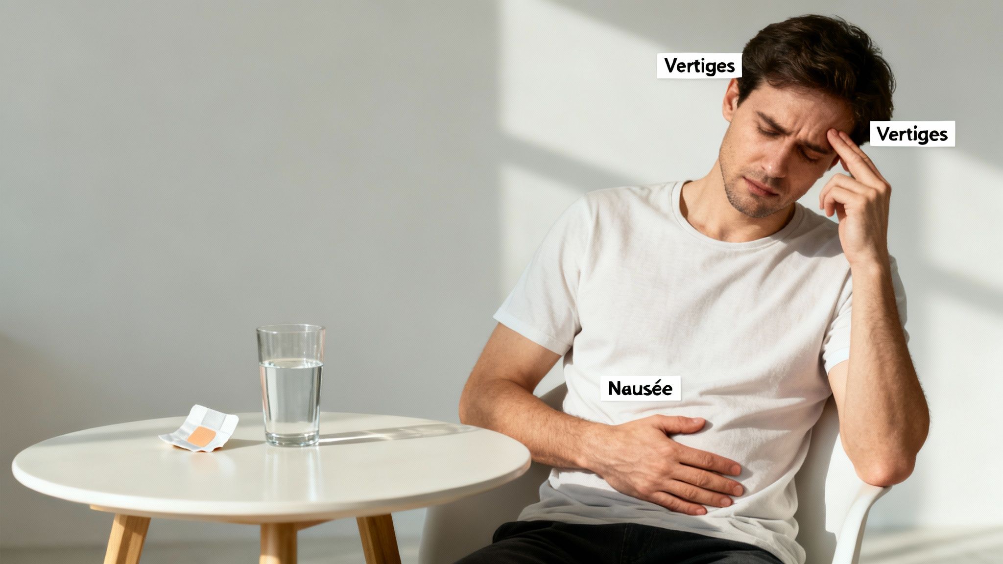 Un homme souffrant se tient la tête et l'estomac, avec un verre d'eau et un patch sur la table, indiquant des vertiges et des nausées.
